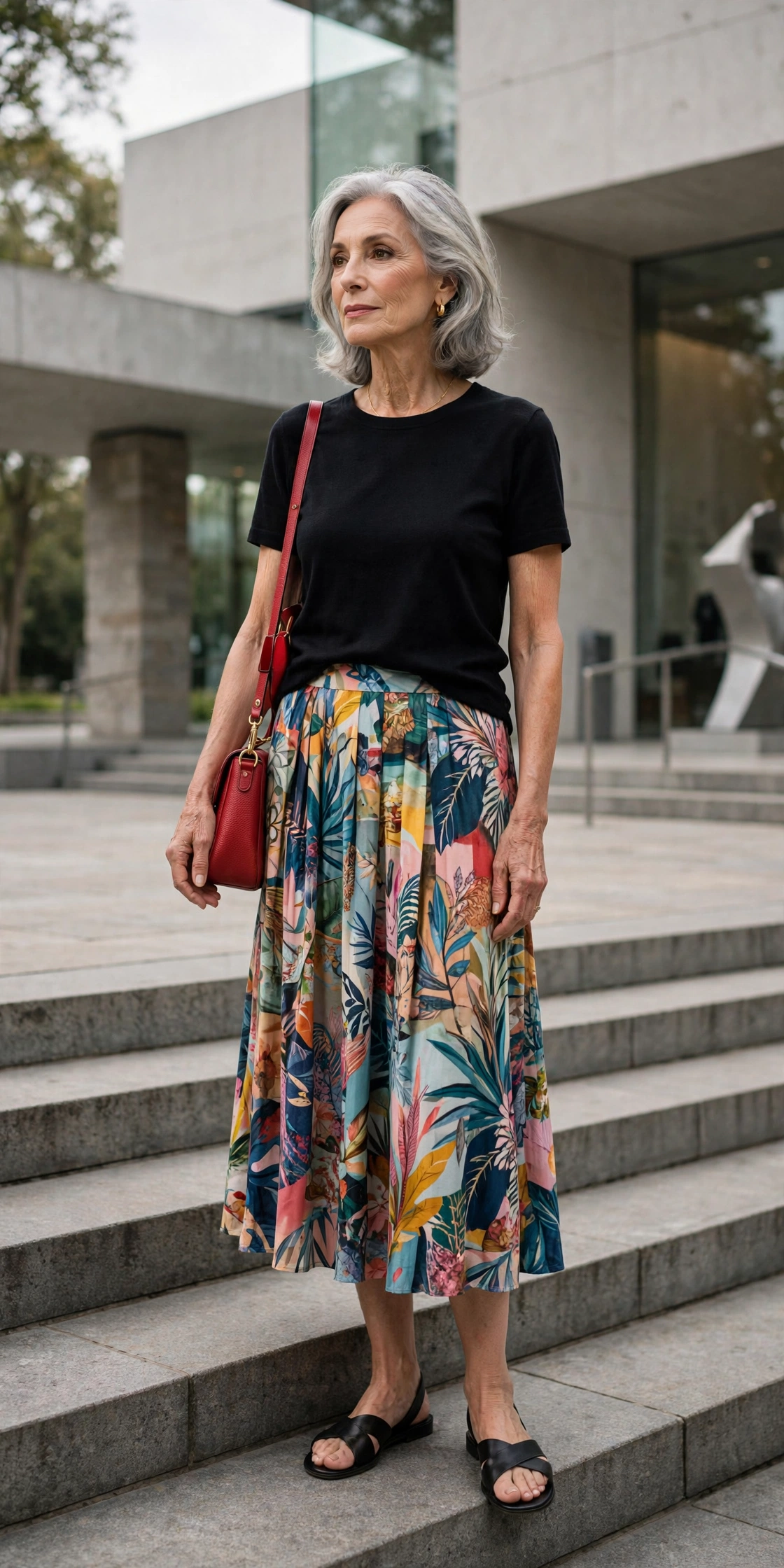 Elegant woman over 60 in a black t-shirt and printed rayon midi skirt at an art museum
