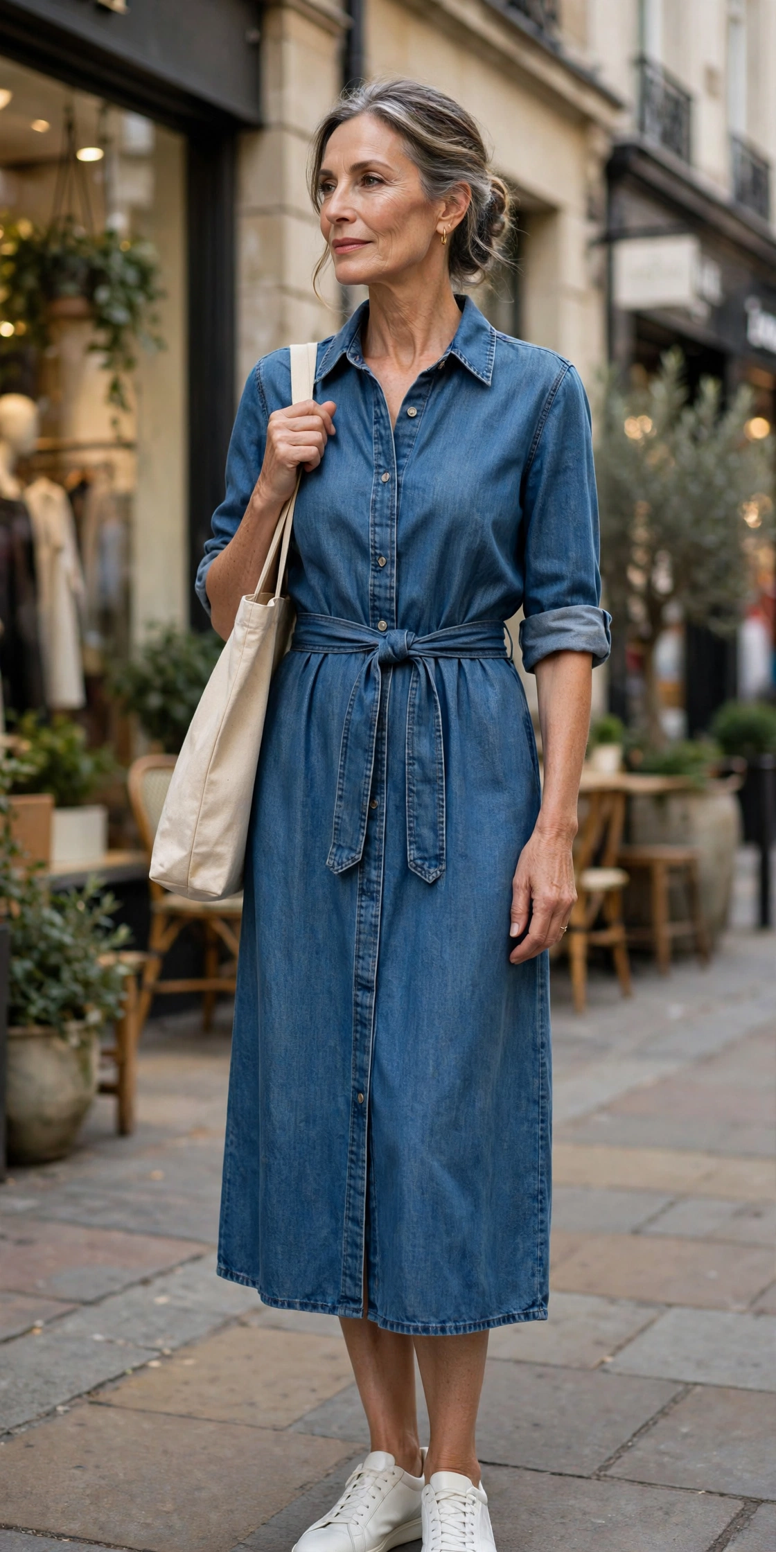 Elegant woman over 60 in a denim midi shirt-dress with white sneakers on a shopping street
