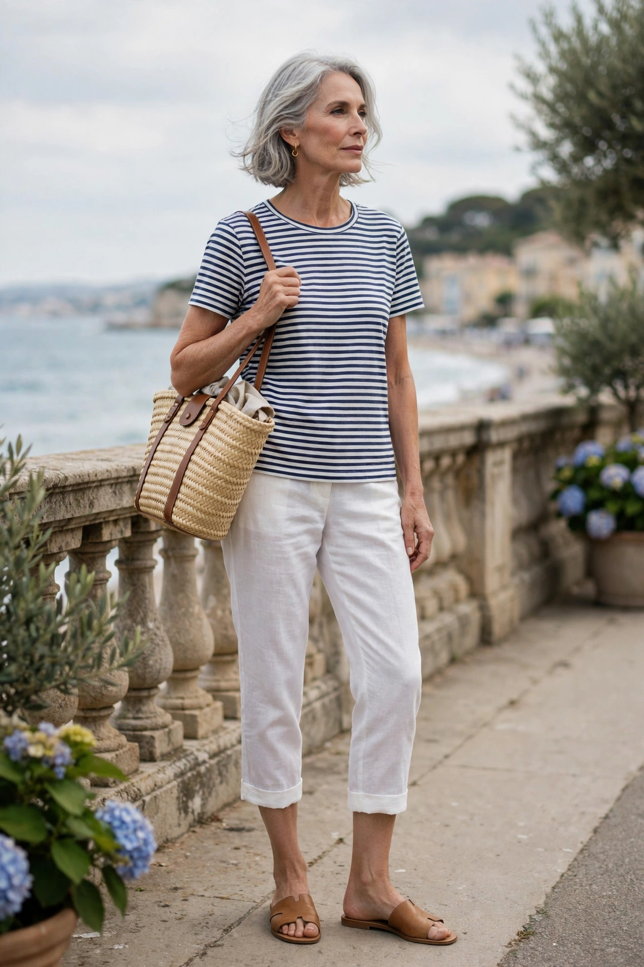 Elegant woman over 60 in a Breton stripe tee and white linen capris on a seaside promenade