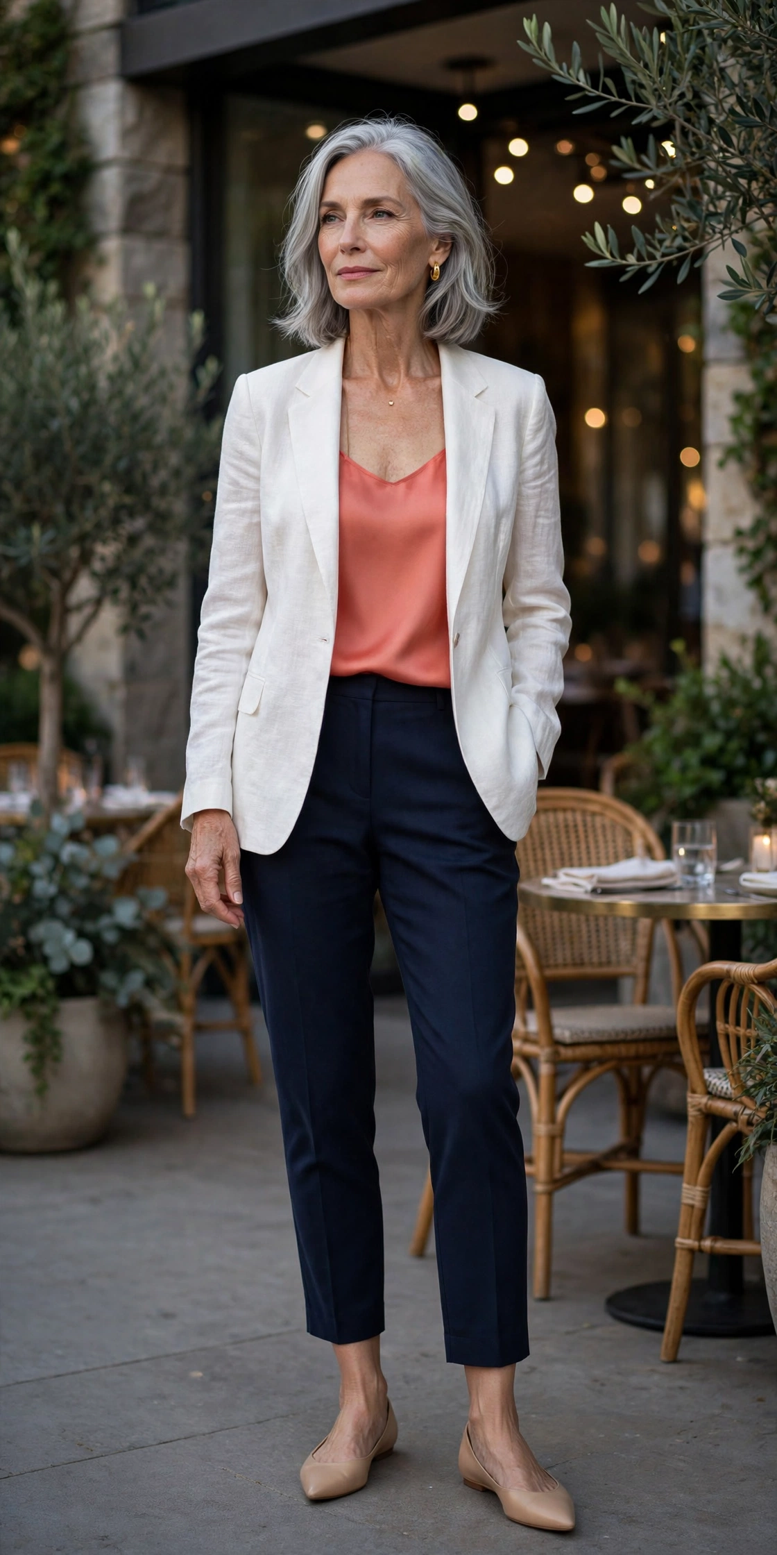 Elegant woman over 60 in a white linen blazer with coral top and navy trousers at a restaurant