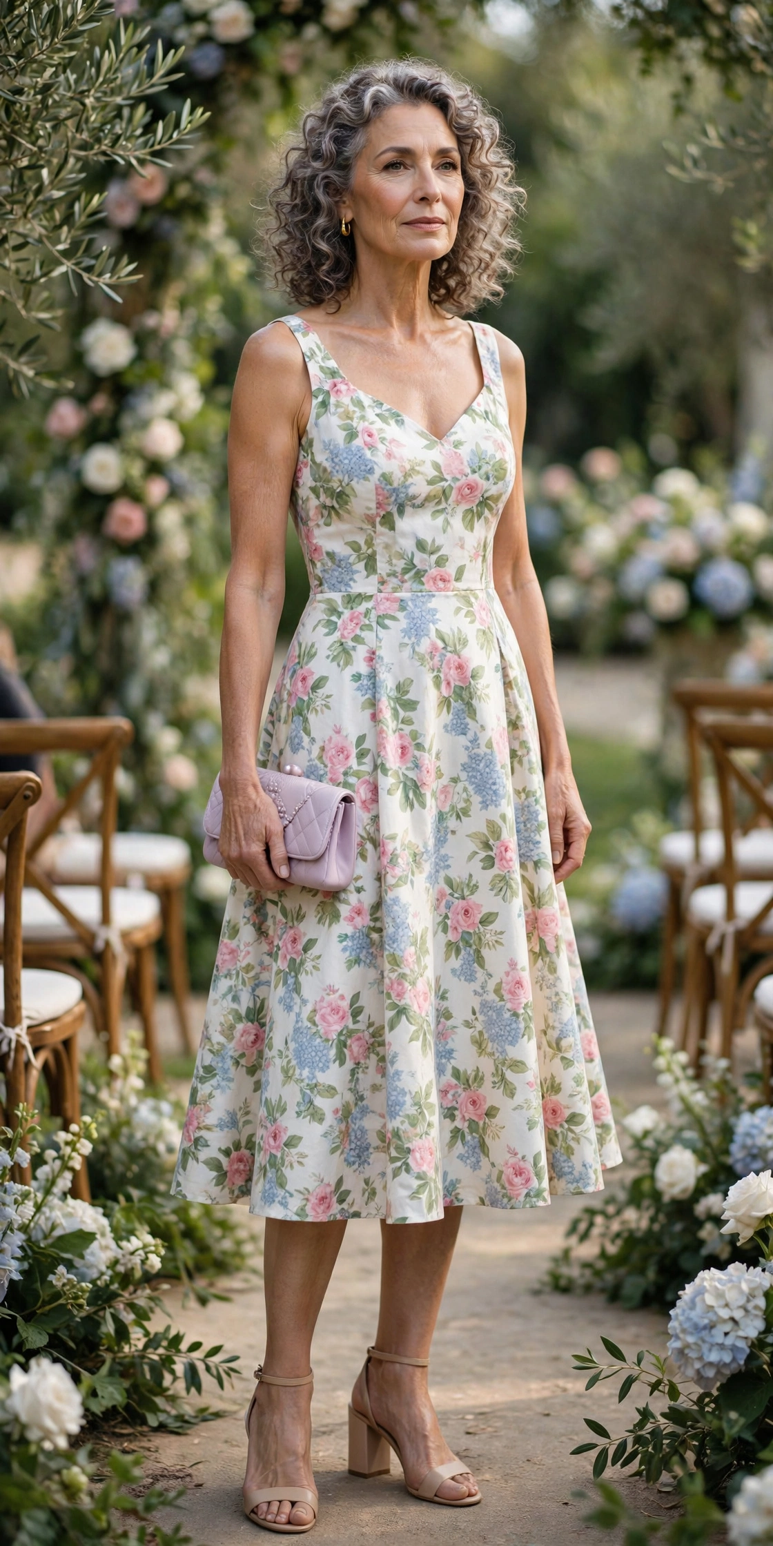 Elegant woman over 60 in a floral knee-length sundress at a garden wedding