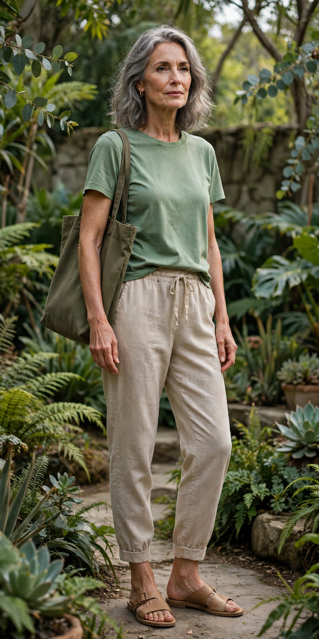 Elegant woman over 60 in a soft green tee and beige linen joggers in a botanical garden