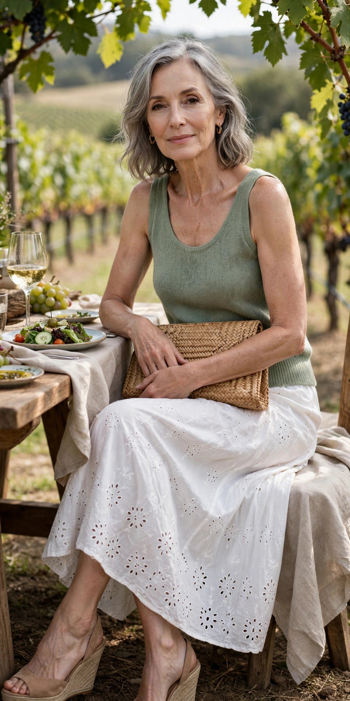 Elegant woman over 60 in a white eyelet midi skirt and sage tank at a vineyard lunch