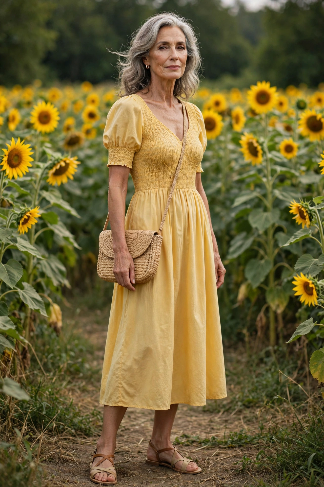 Elegant woman over 60 in a yellow smocked sundress in a sunflower field