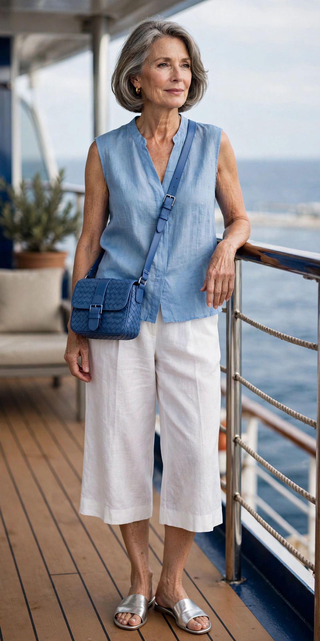 Elegant woman over 60 in a sky-blue sleeveless blouse and white culottes on a cruise deck