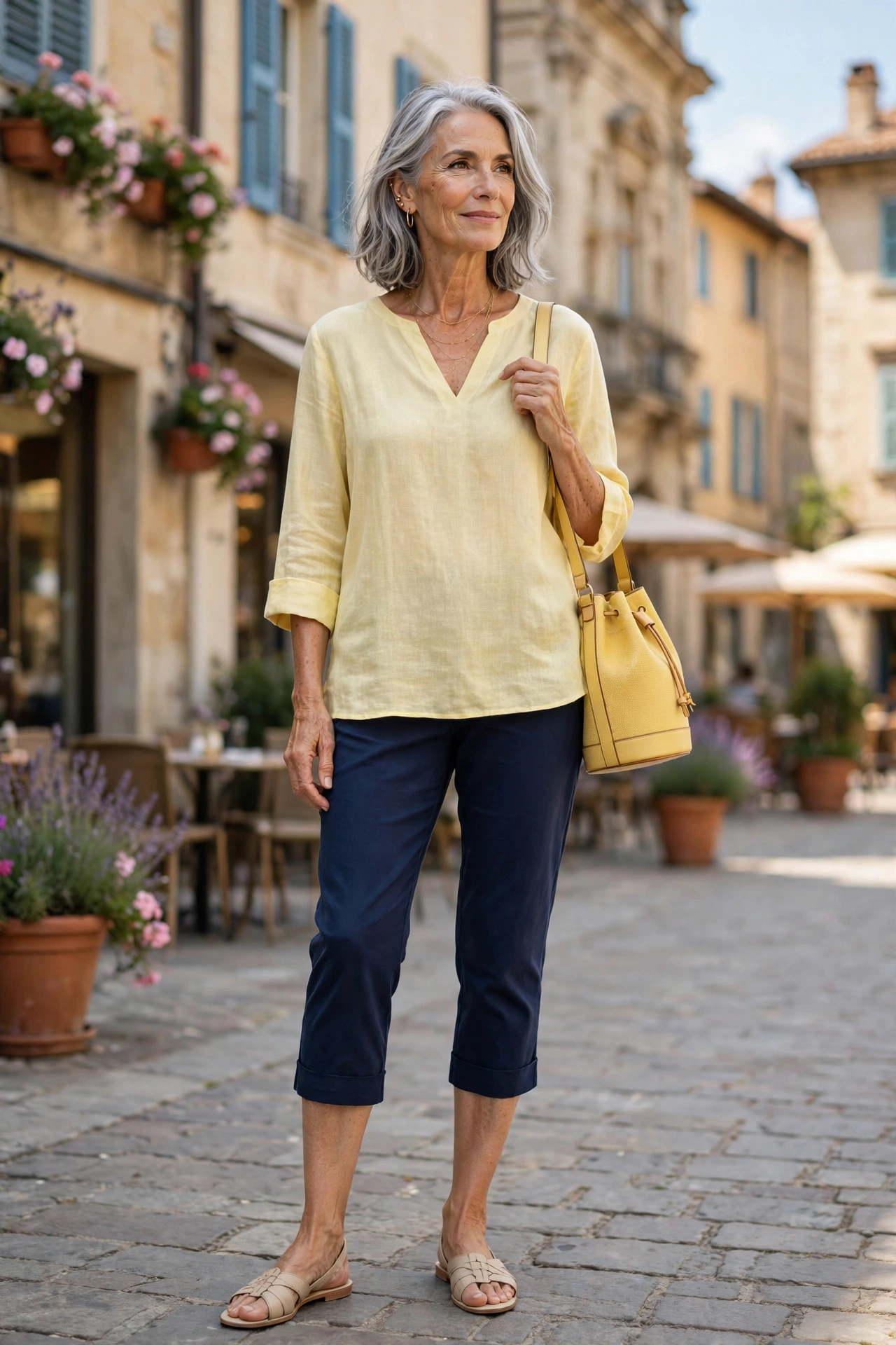 Elegant woman over 60 in a pale yellow tunic and navy pedal pushers in a town square