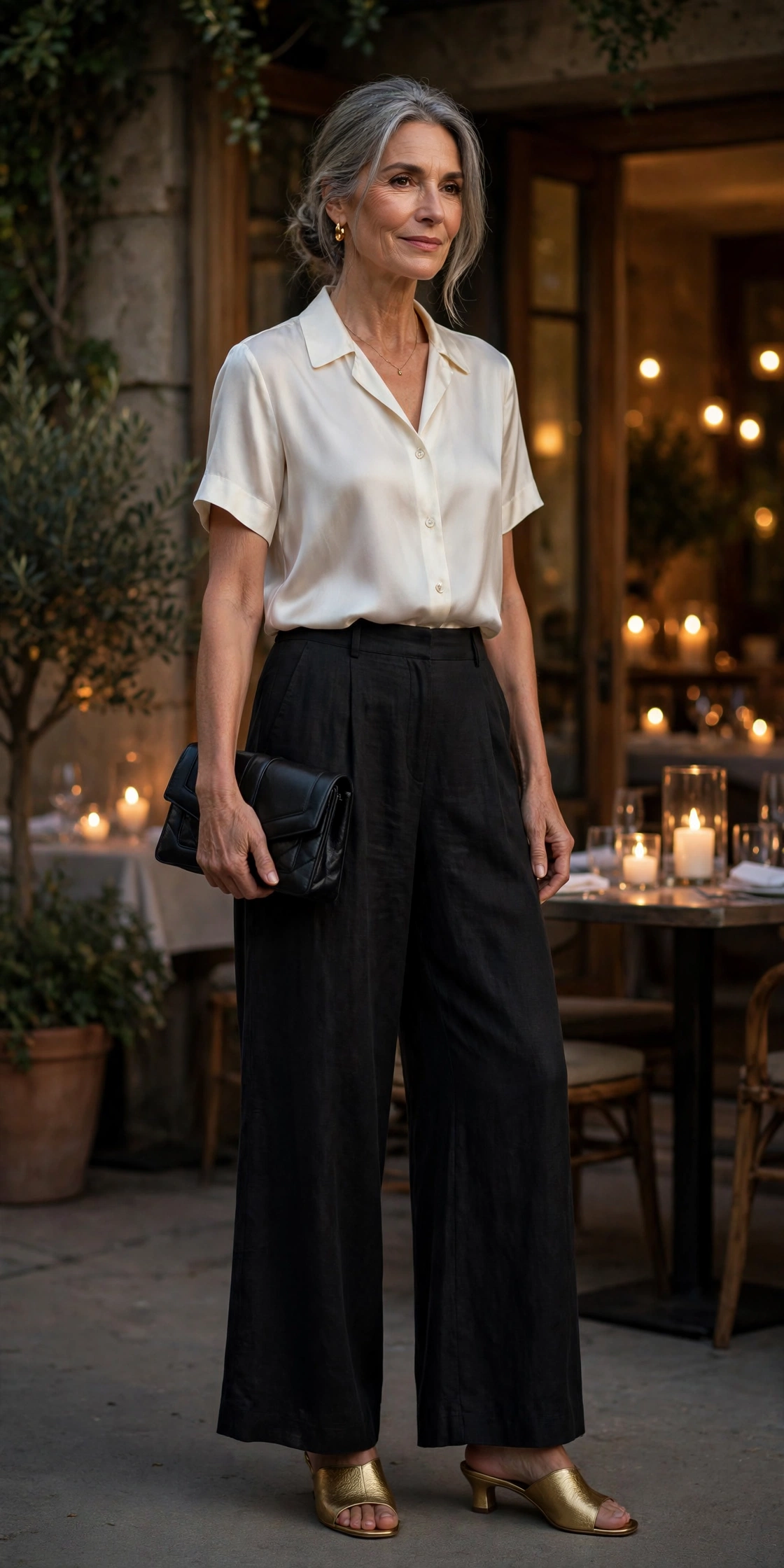 Elegant woman over 60 in black linen palazzo trousers and an ivory blouse outside a restaurant