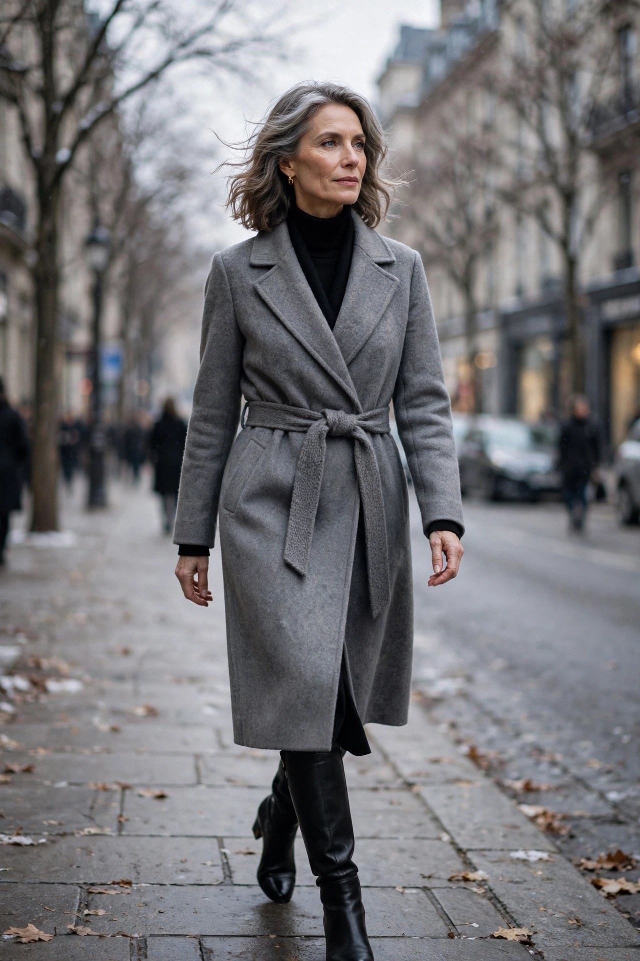Woman in her 50s in grey wool wrap coat belted over black layers