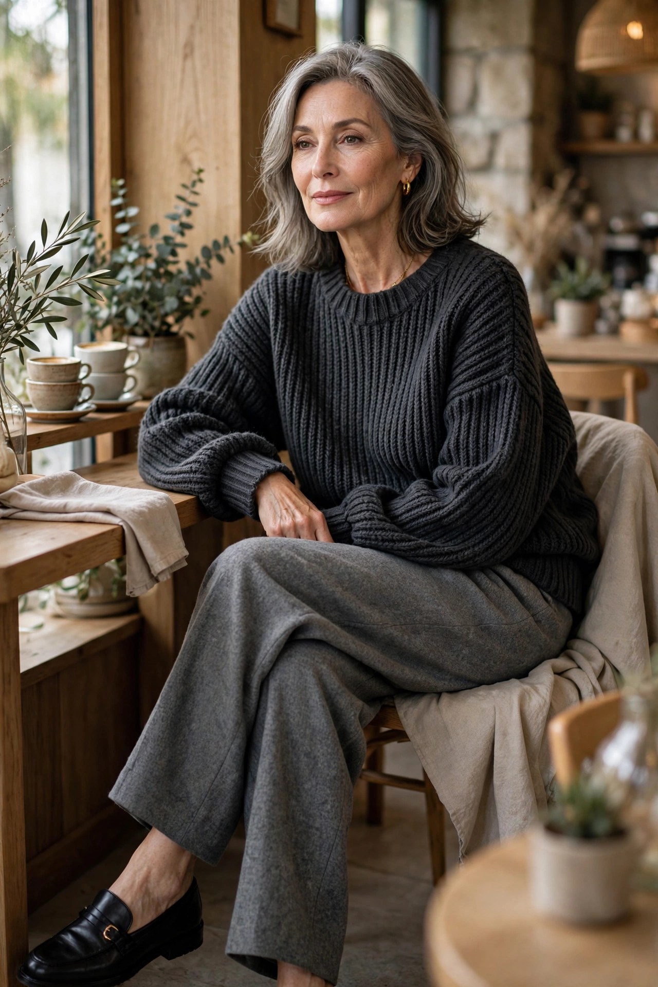 Woman over 50 wearing charcoal chunky knit sweater with grey wide-leg trousers
