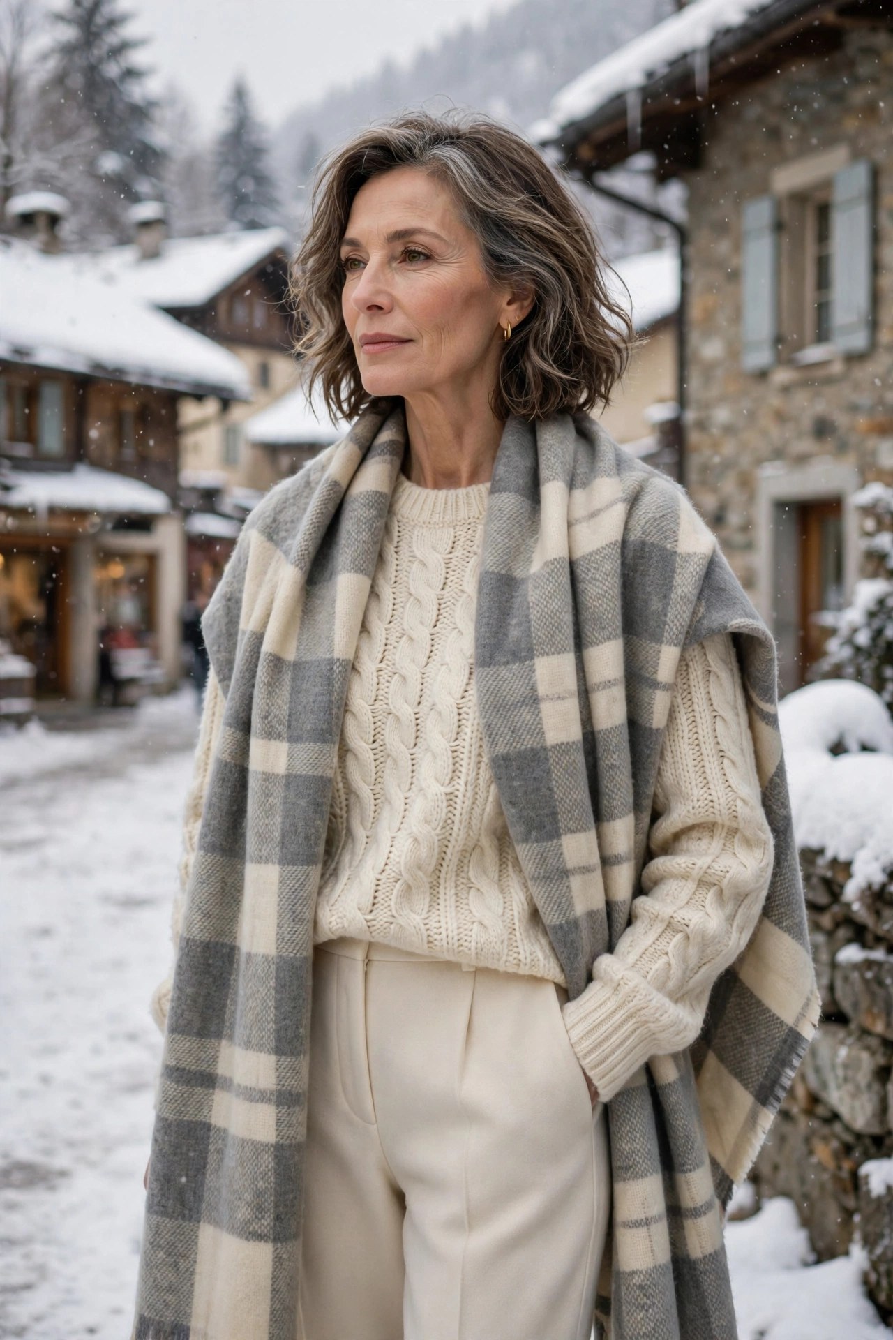 Woman in her 50s in cream knit layers with grey plaid blanket scarf in snow