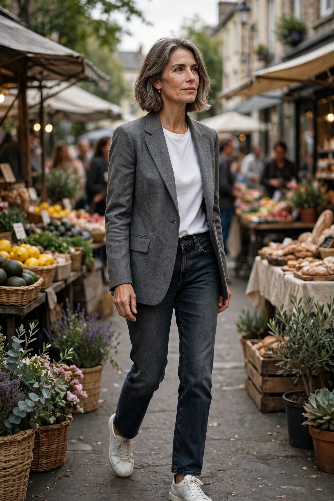 Woman over 50 wearing grey blazer over white tee with dark jeans at market