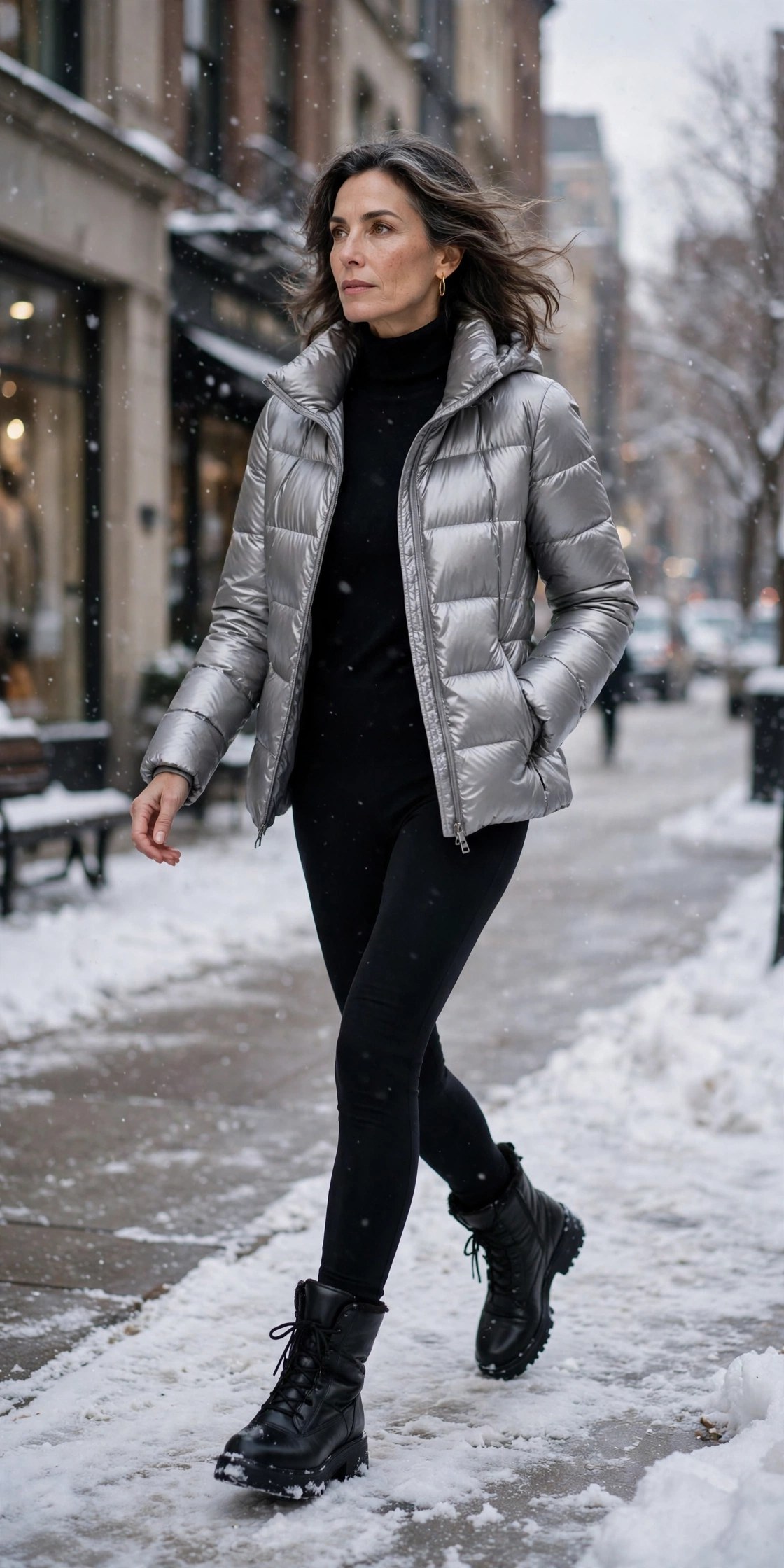 Elegant woman over 50 in silver grey puffer jacket with black leggings in snow