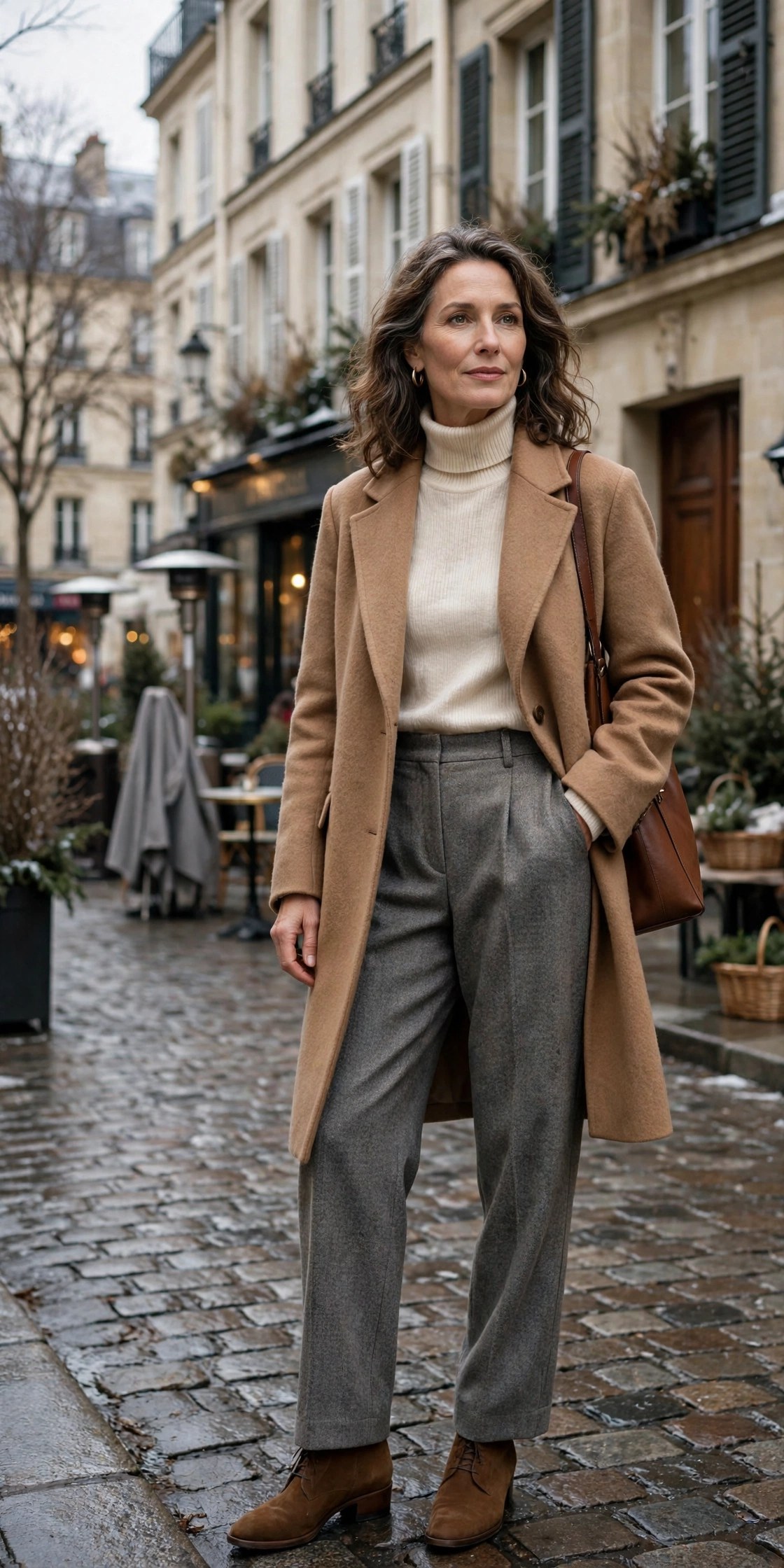 Woman in her 50s in grey flannel trousers, cream turtleneck and camel coat