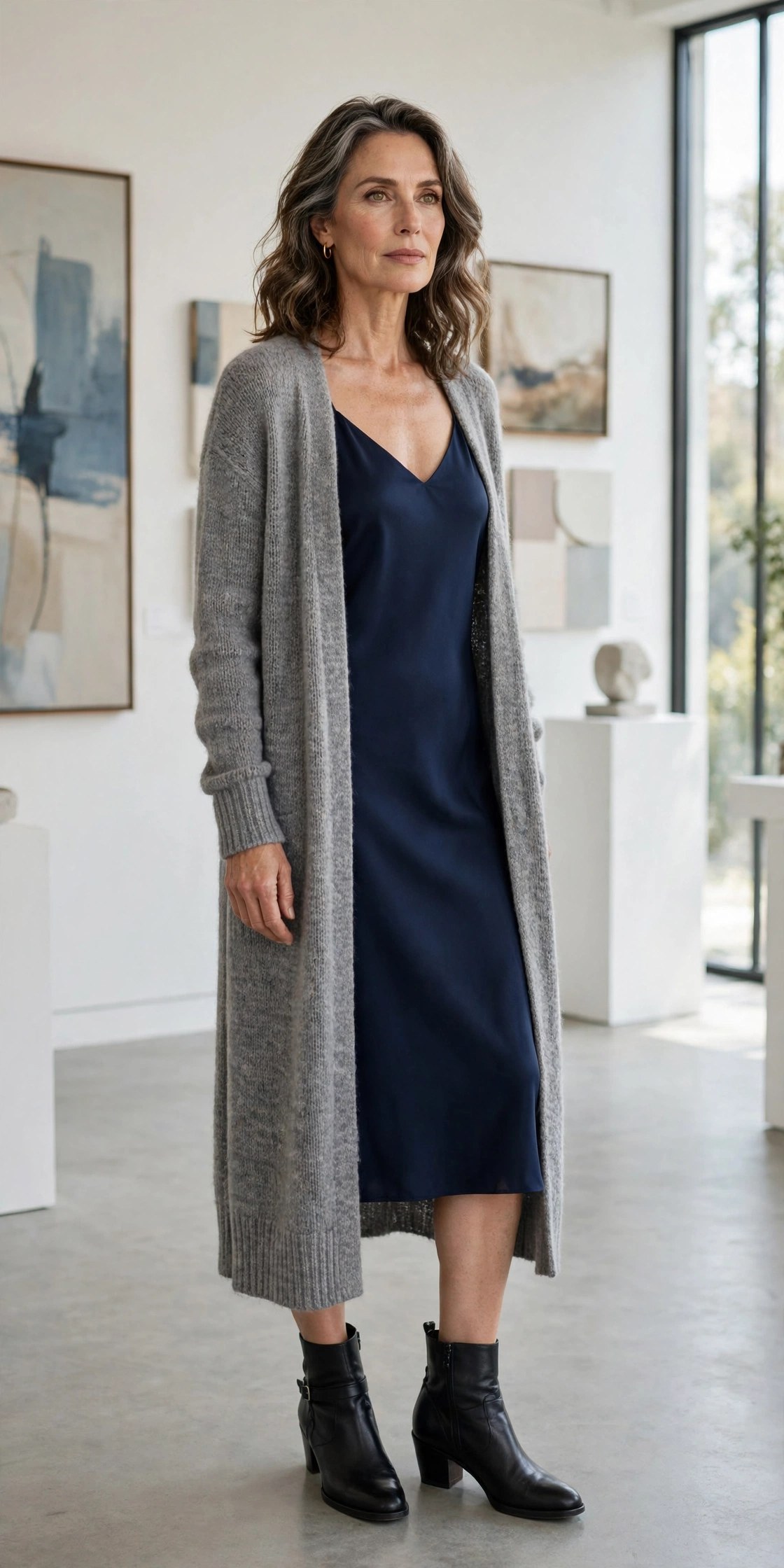 Woman over 50 wearing heather grey cardigan over navy slip dress in gallery