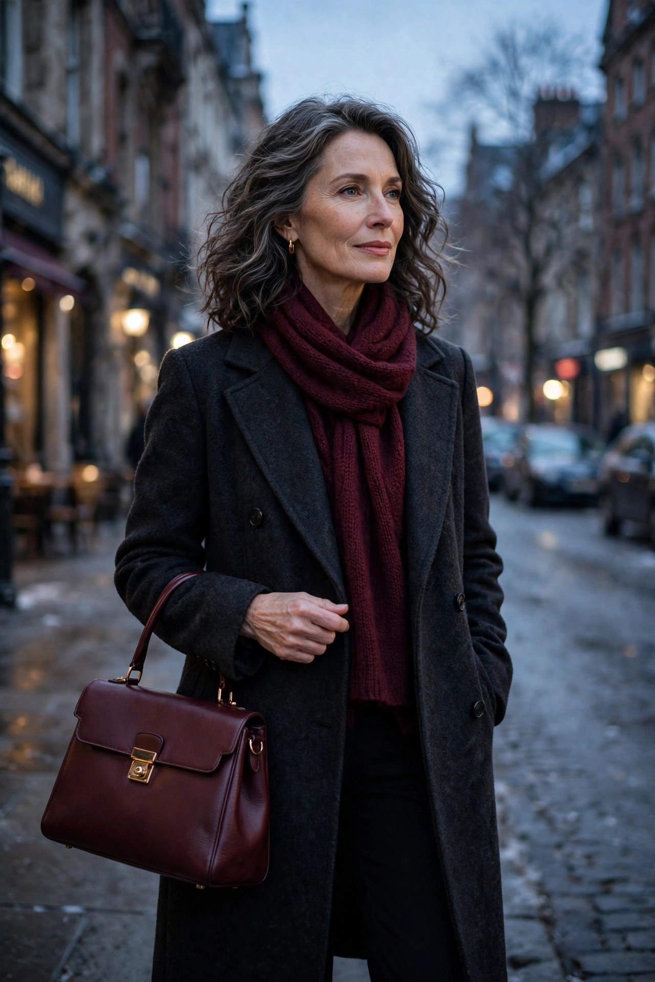 Woman in her 50s in charcoal overcoat with burgundy scarf and handbag at dusk