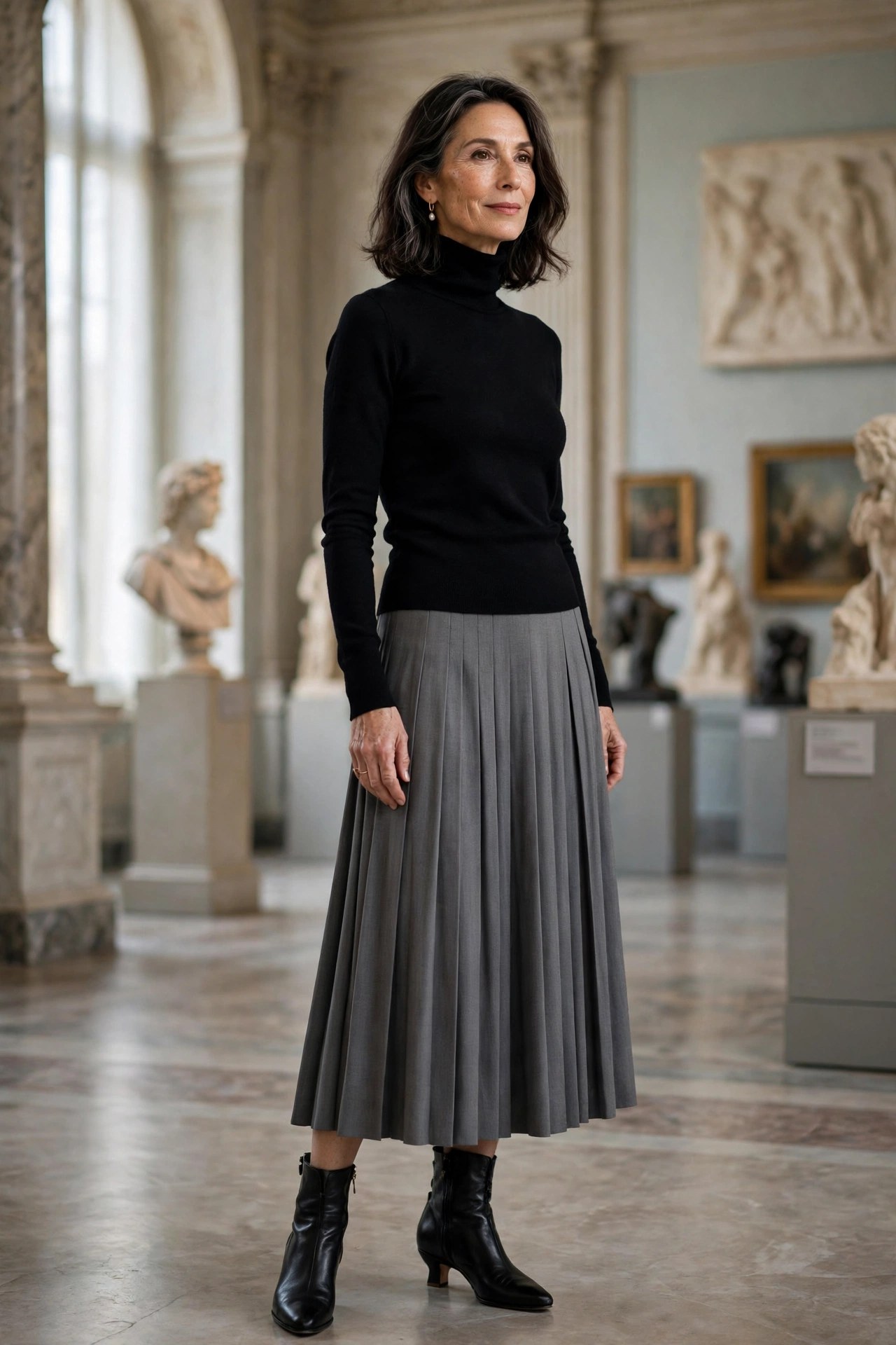 Woman over 50 wearing grey pleated midi skirt with black turtleneck in museum