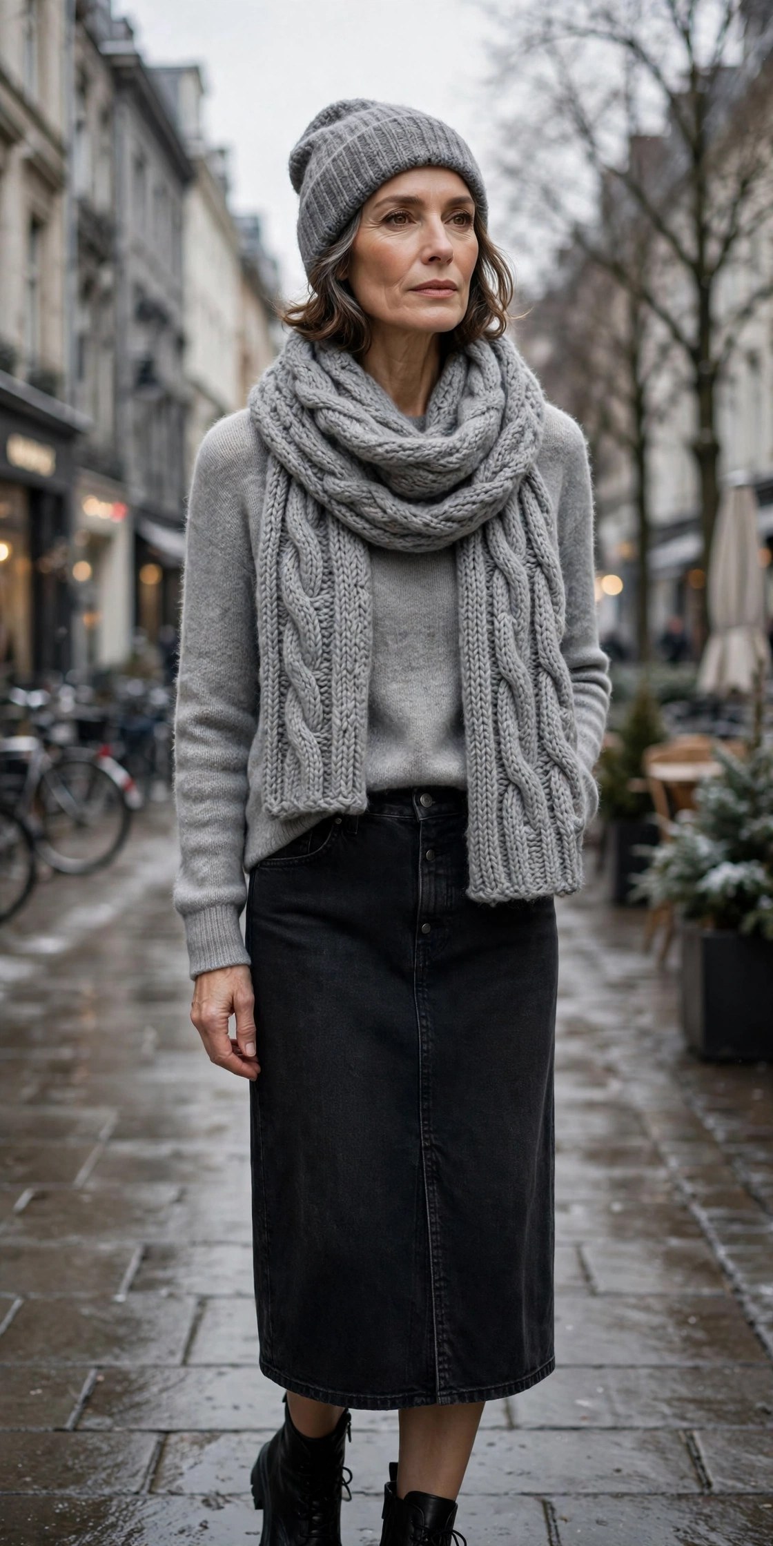 Elegant woman over 50 in grey knit beanie, scarf and sweater with black denim skirt