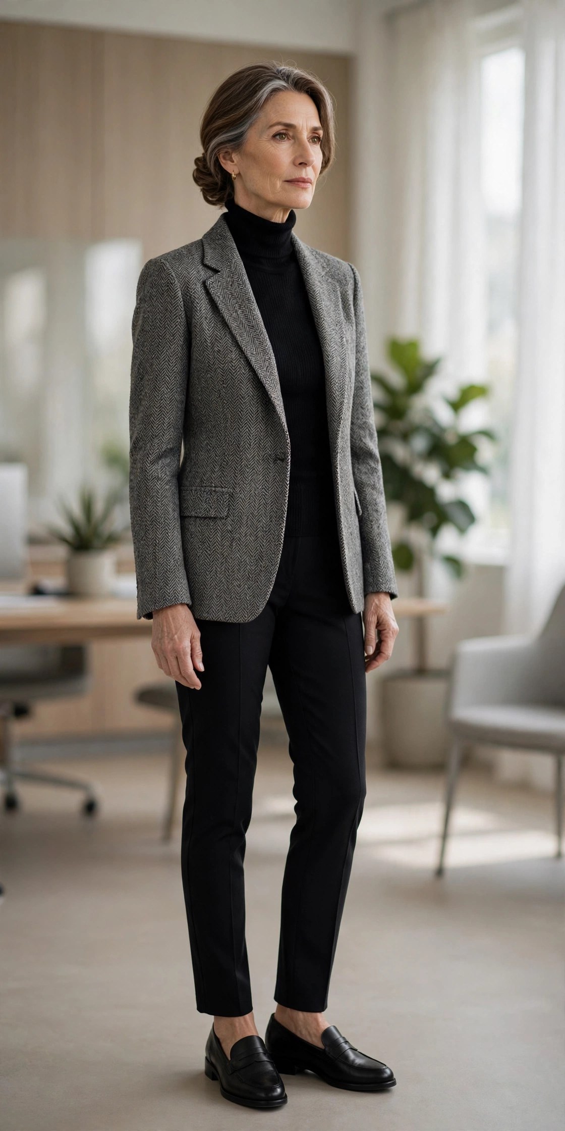 Woman in her 50s in grey tweed blazer over black turtleneck in office