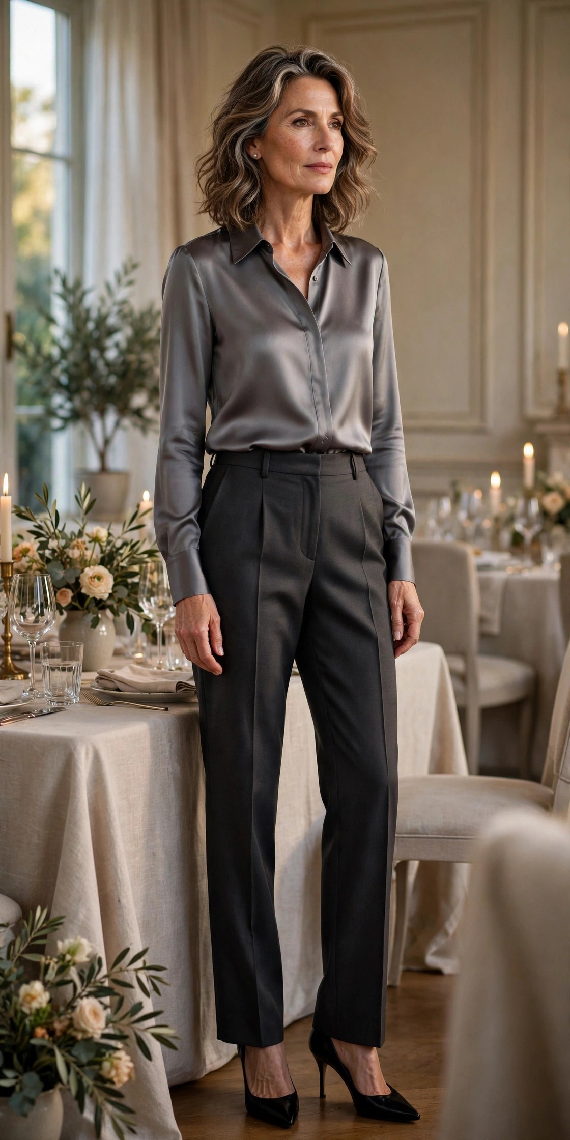 Woman over 50 wearing grey satin blouse tucked into charcoal trousers at dinner
