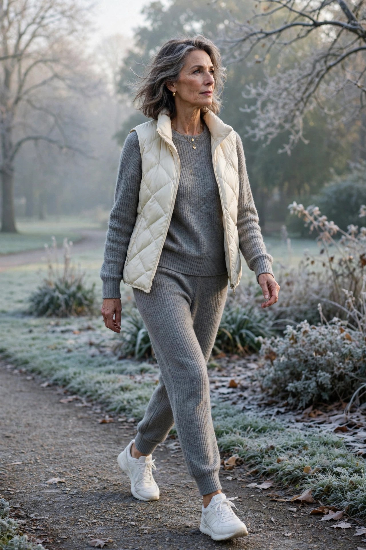 Elegant woman over 50 in grey knit athleisure set with cream puffer vest