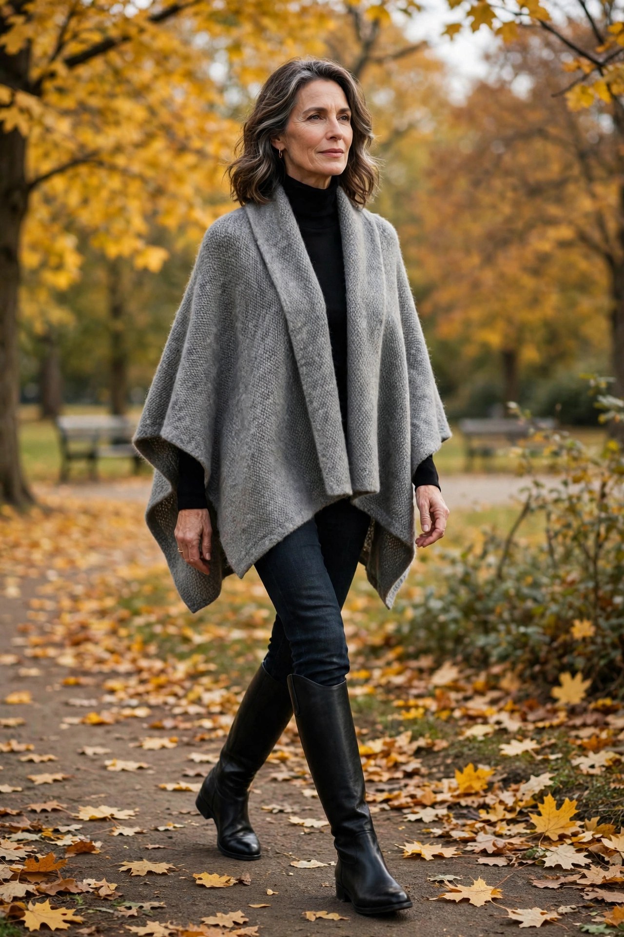 Woman in her 50s in grey wool poncho over black turtleneck in autumn park