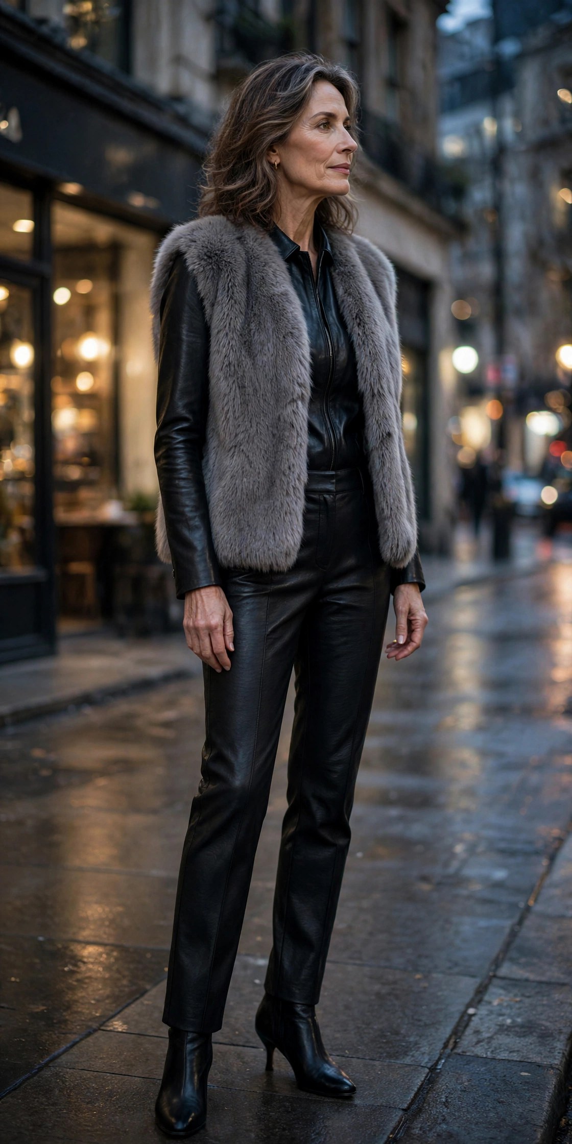 Elegant woman over 50 in grey faux fur vest over black leather at night