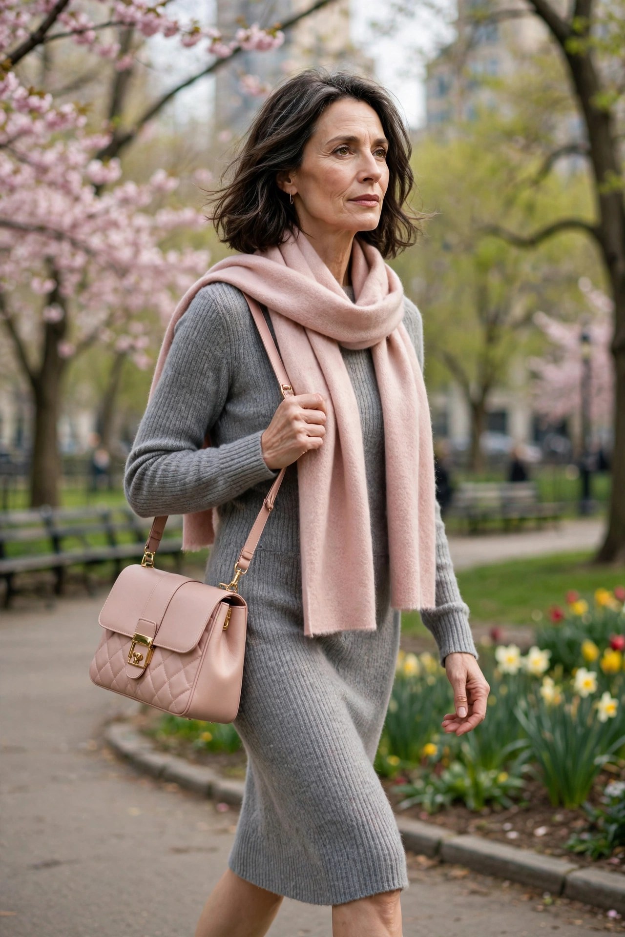 Woman in her 50s in grey sweater dress with blush pink scarf and handbag