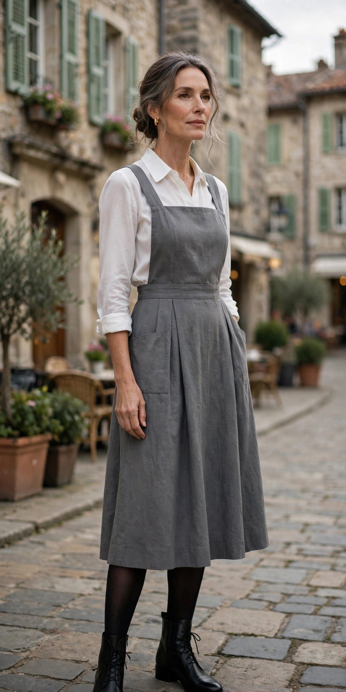 Elegant woman over 50 in grey pinafore dress over white blouse in old town