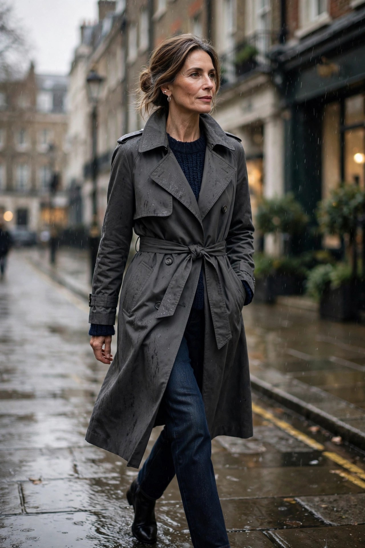 Woman in her 50s in dark grey trench coat over navy knit on rainy street