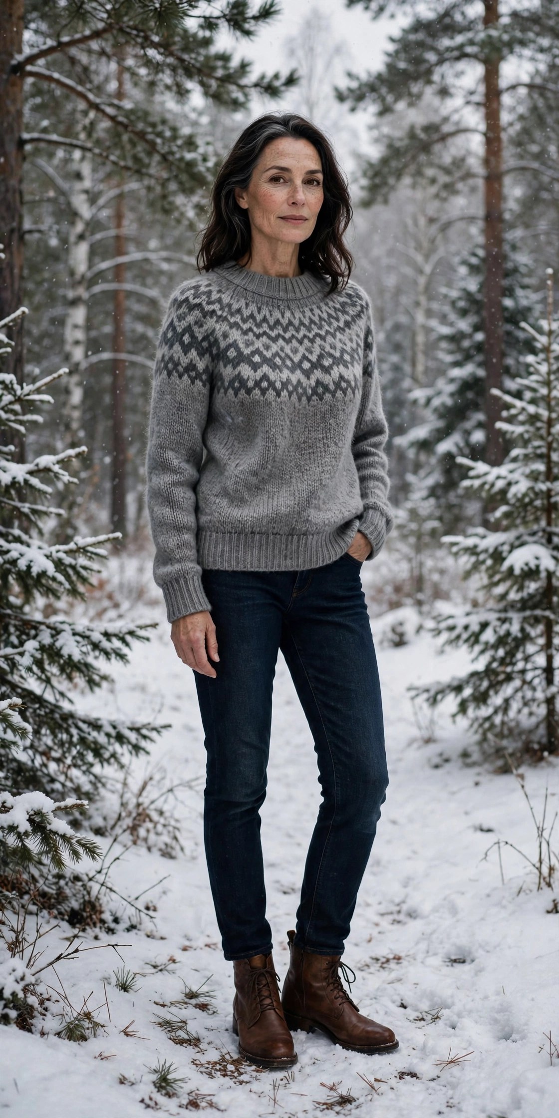 Elegant woman over 50 in grey fair isle sweater with dark jeans in snowy forest