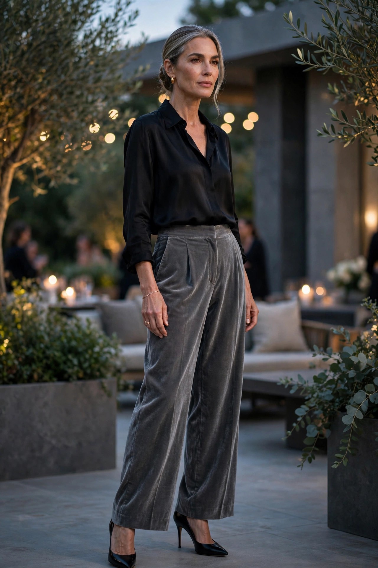 Woman in her 50s in grey velvet trousers with black silk blouse at evening event