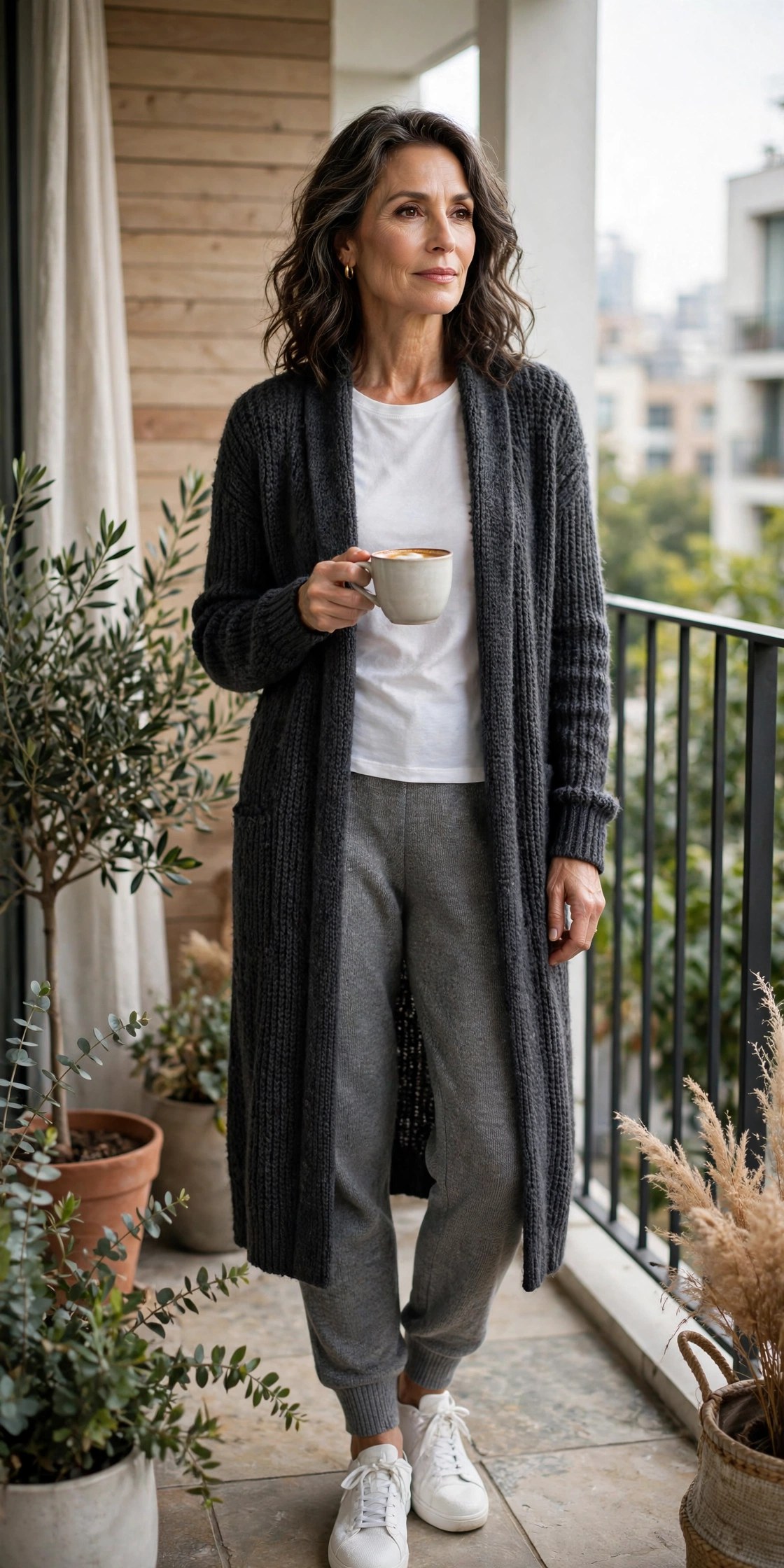 Woman over 50 wearing grey joggers with long charcoal cardigan on balcony