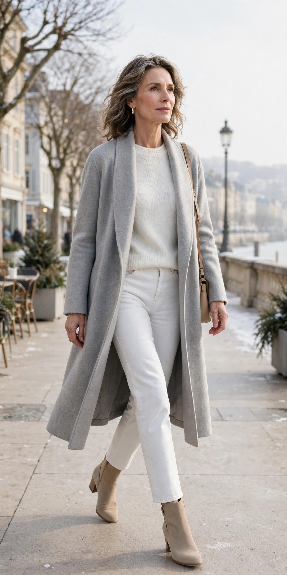 Woman in her 50s in light grey duster coat over white sweater and white jeans