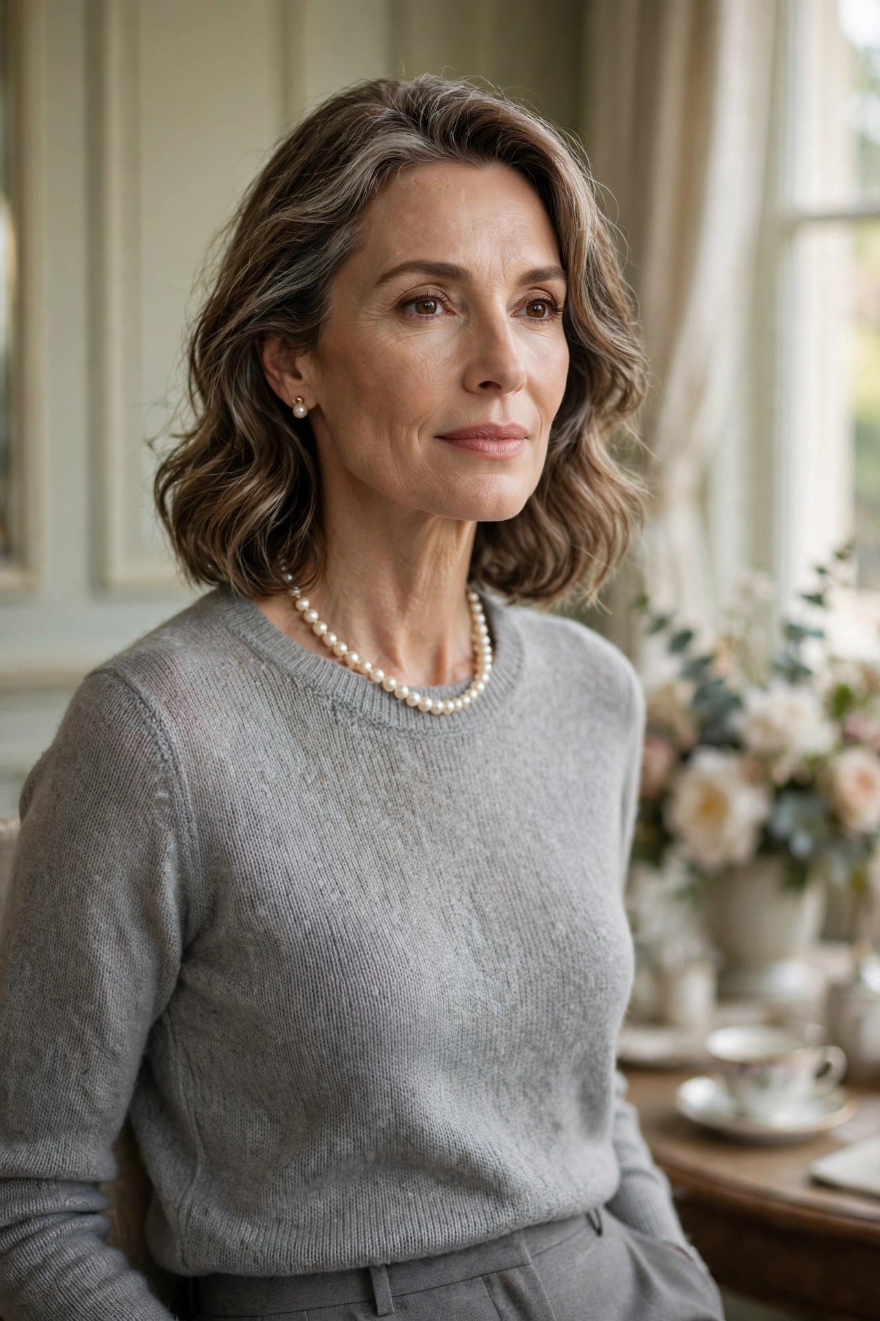 Woman over 50 wearing grey knit top with pearl necklace and earrings in tearoom