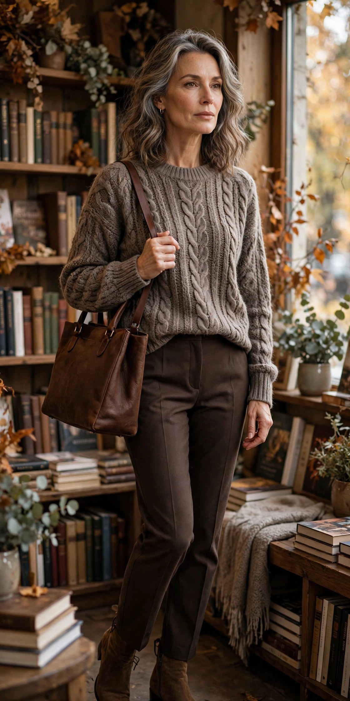 Elegant woman over 50 in taupe grey knit sweater with brown trousers in bookstore
