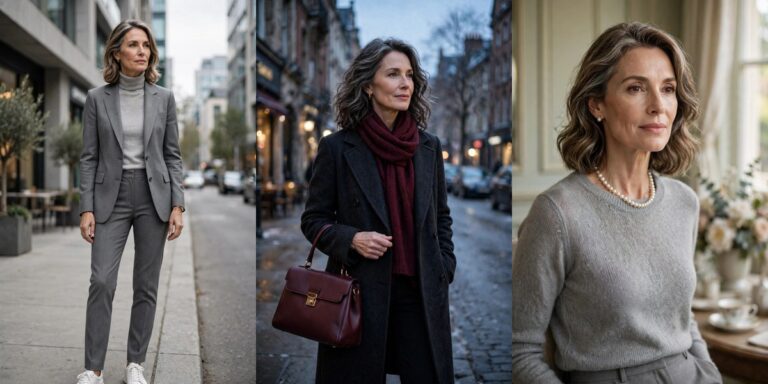 Grey outfits for women over 50 — collage of tonal grey suiting, charcoal coat and pearl looks