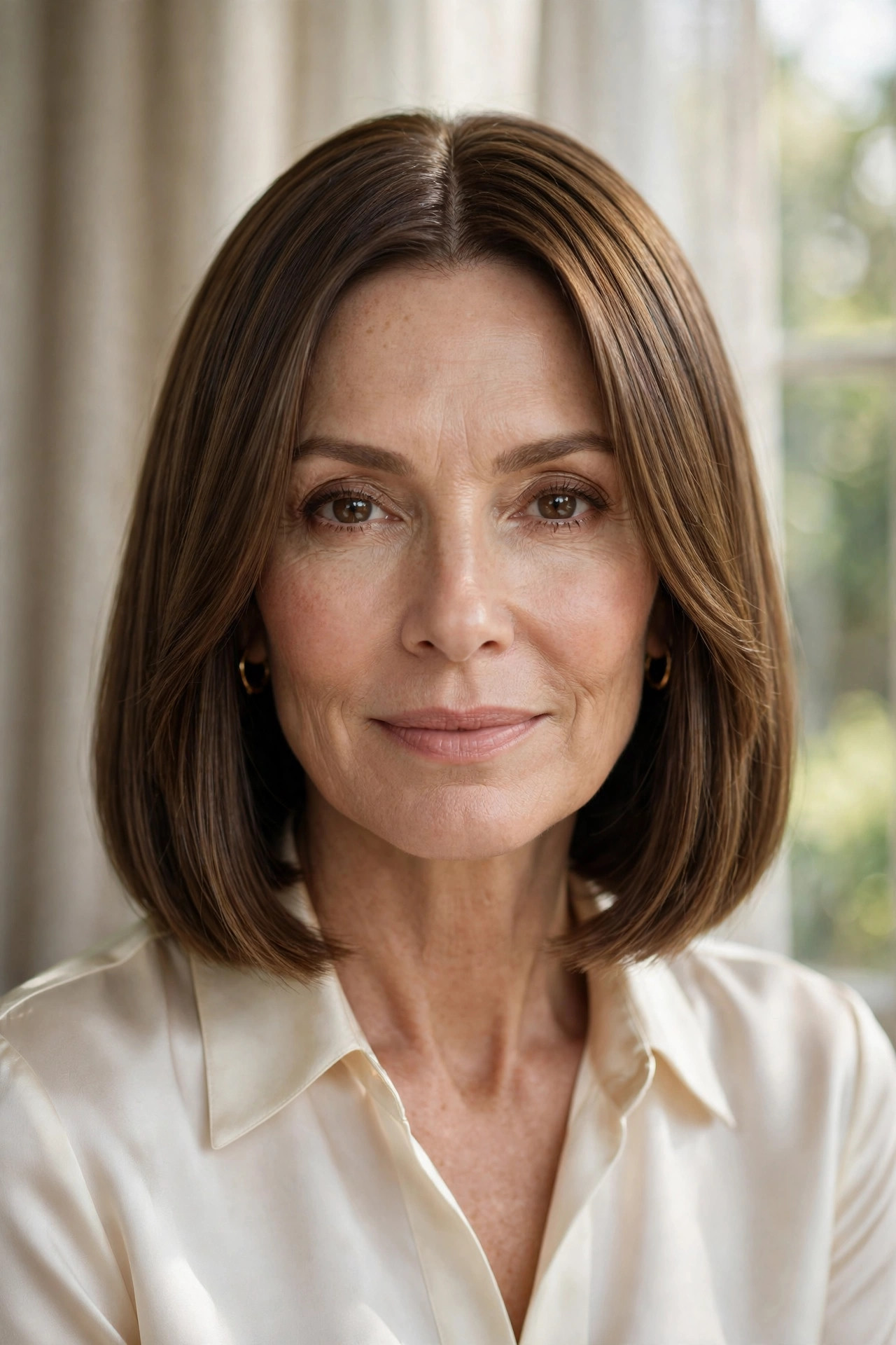 Sharp blunt long bob with soft curtain bangs parting in the center