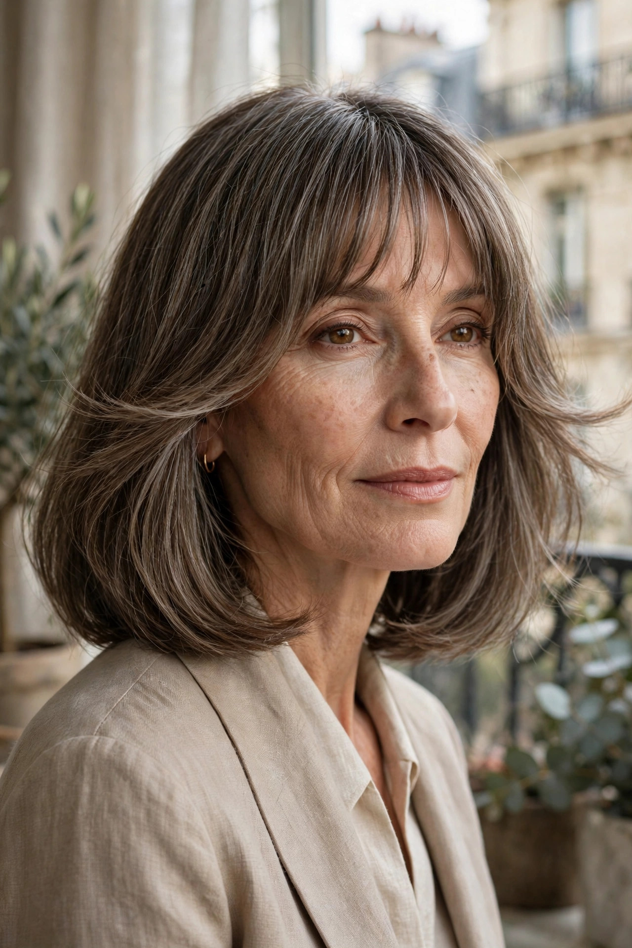 Shoulder-length lob with bottleneck fringe widening at cheekbones