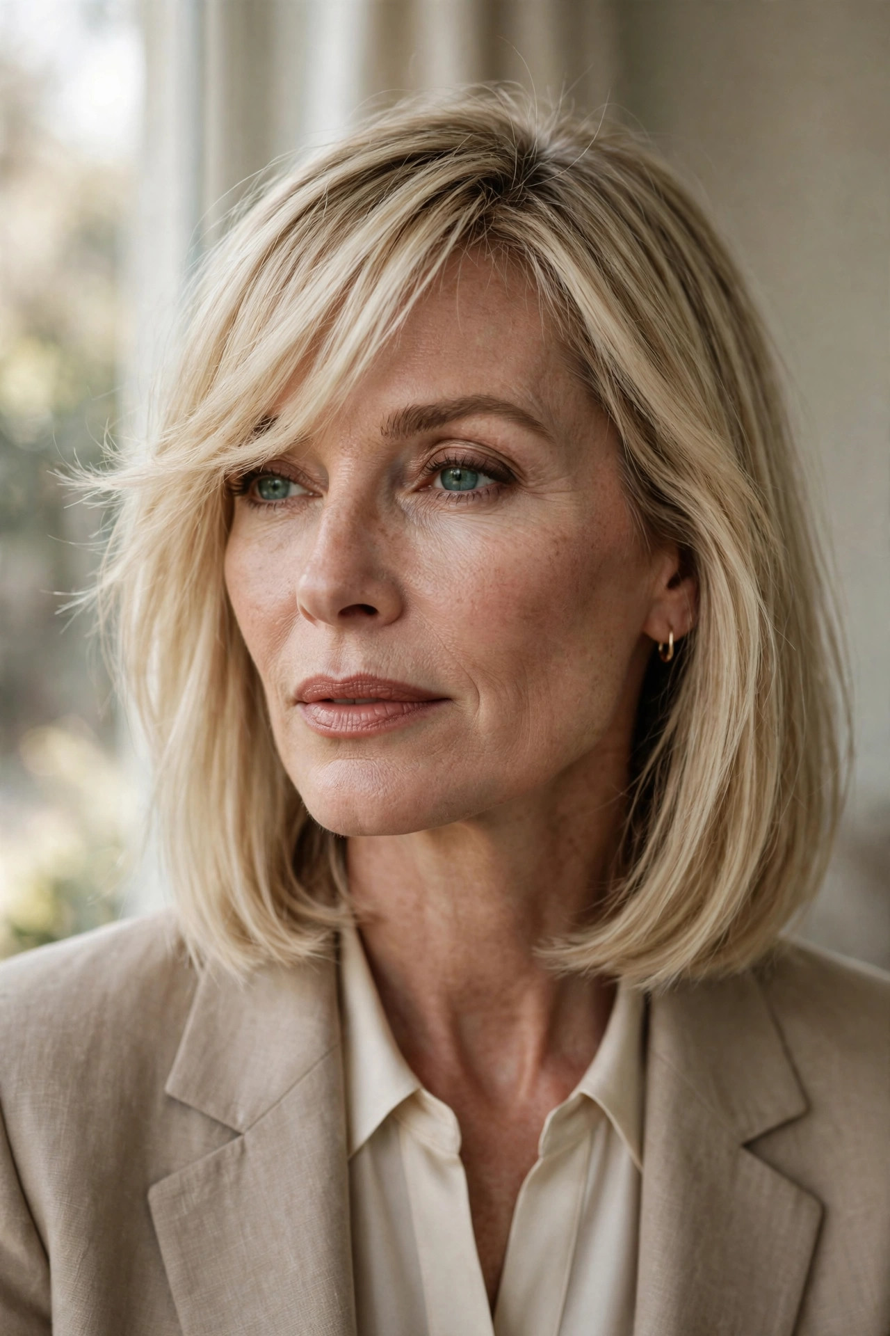 Collarbone lob with light wispy bangs swept to one side