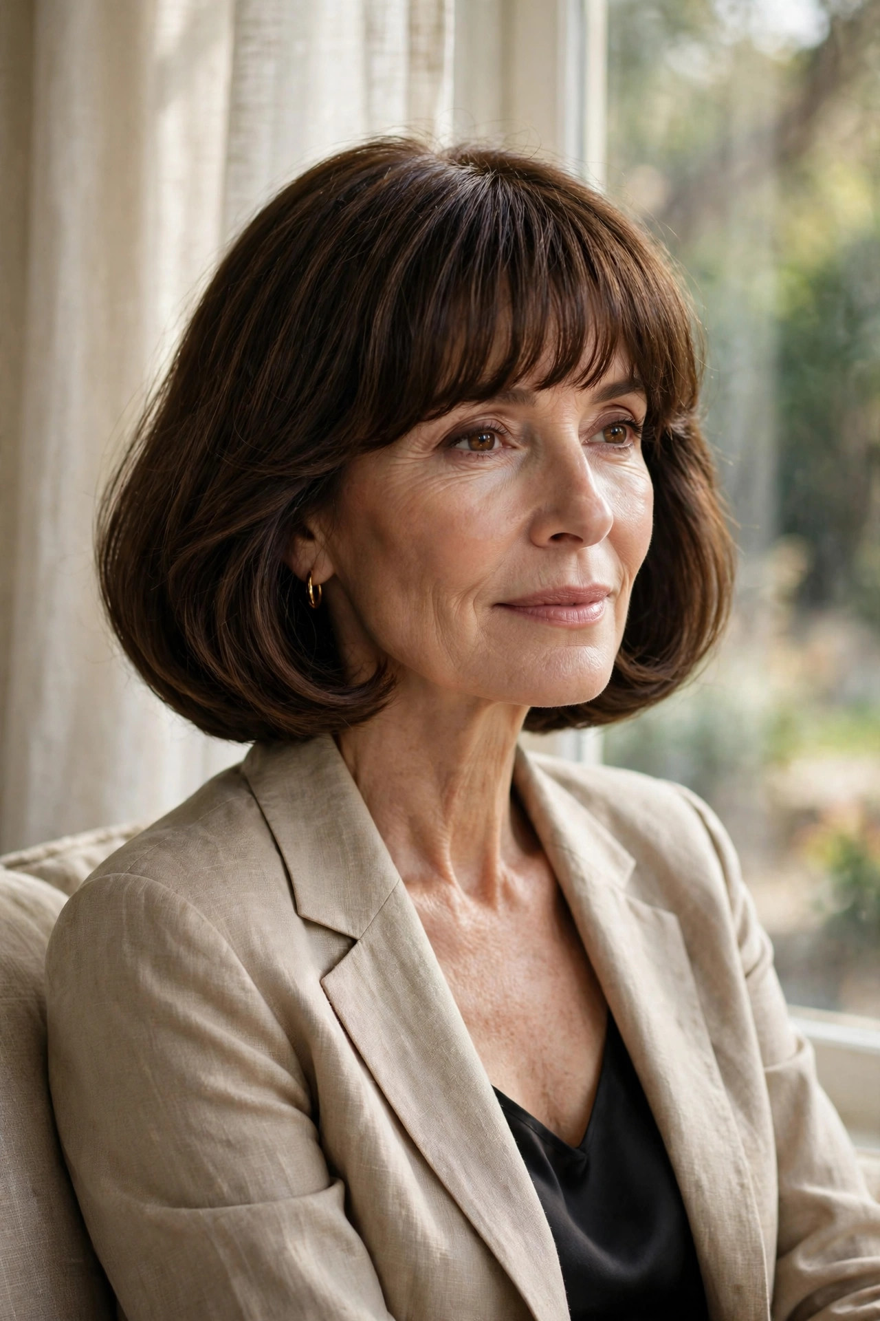 Rounded long bob with soft full bangs at the brow