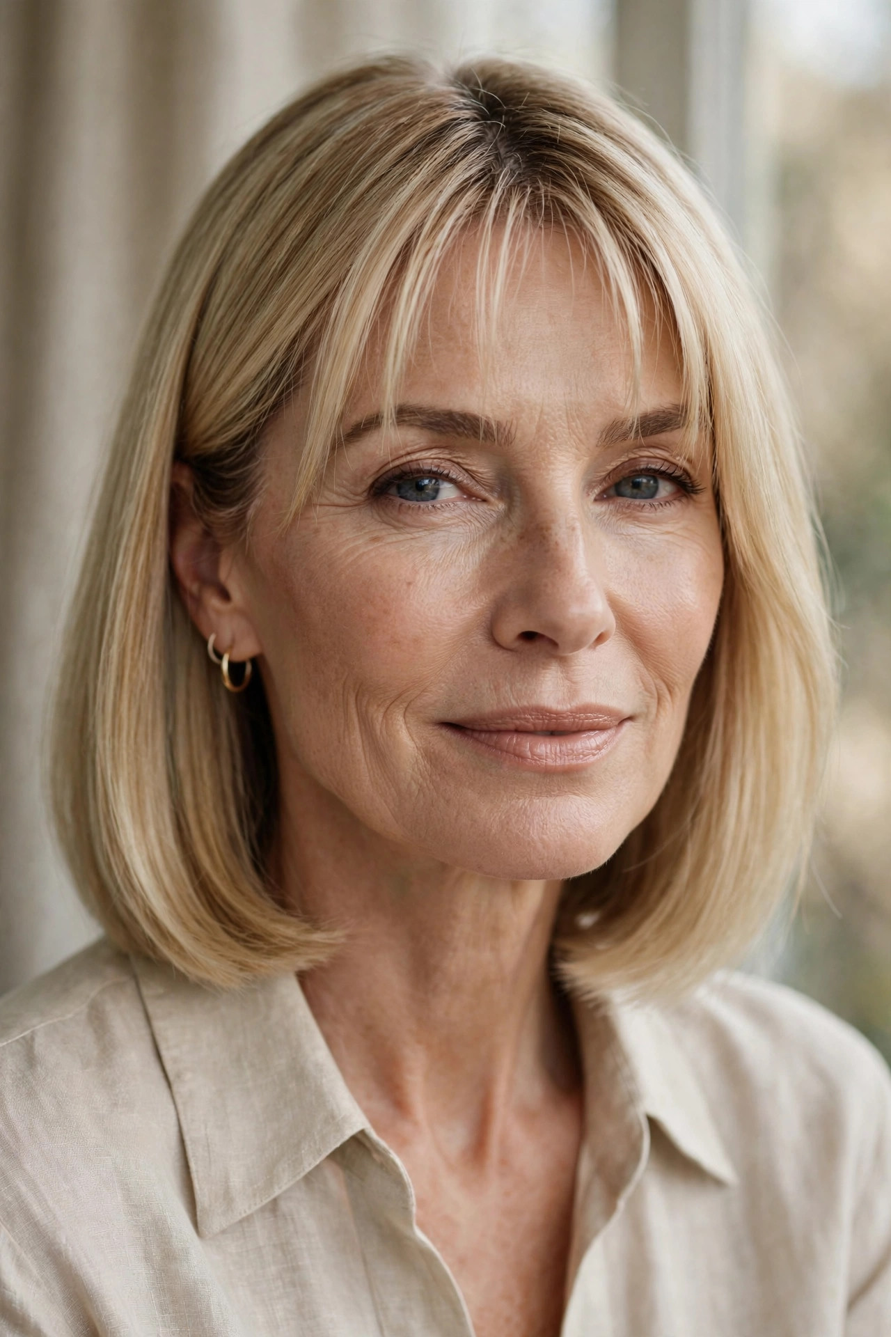 One-length blonde lob with tiny micro curtain bangs