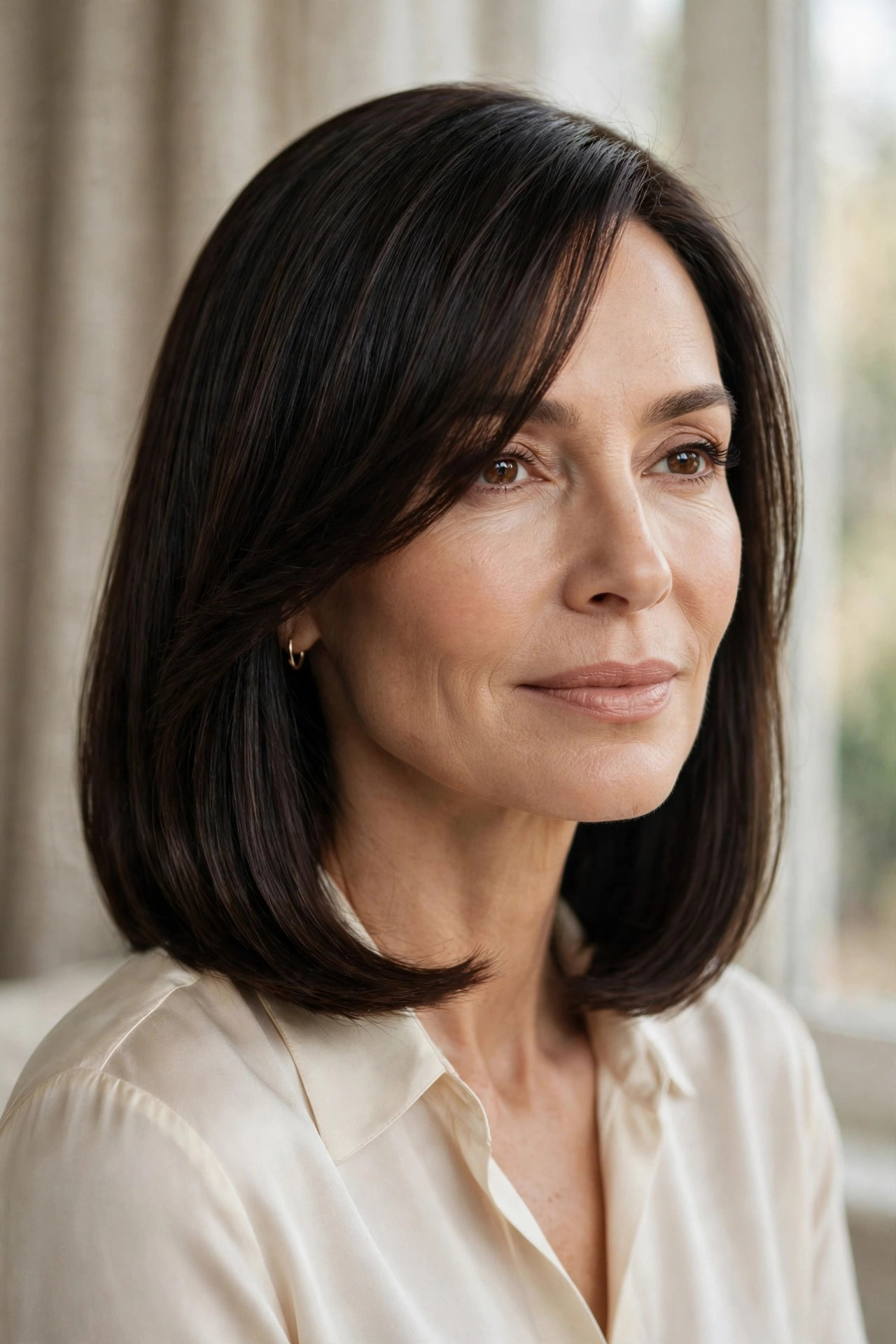 Sleek one-length lob with long side bangs blending into front