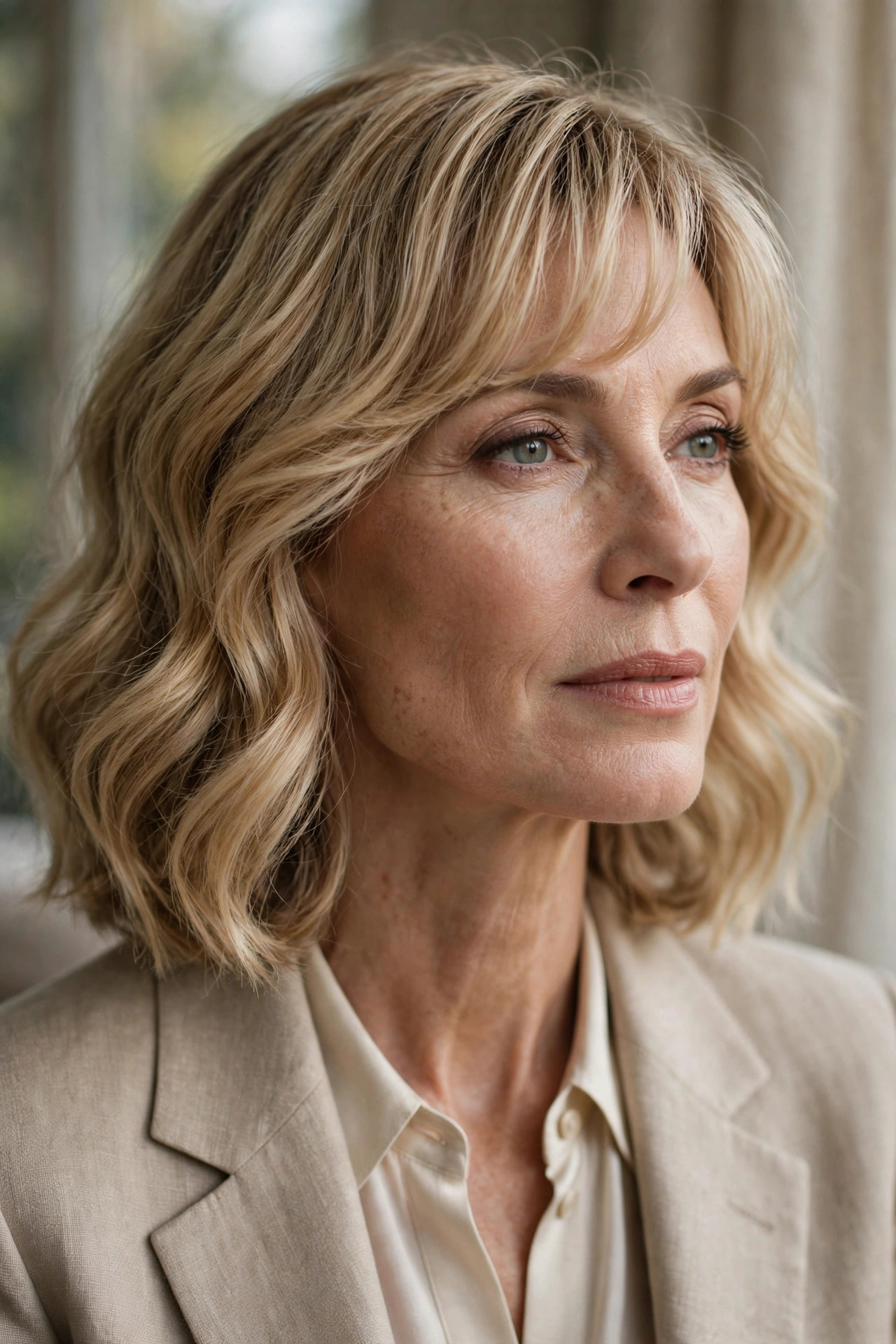 Soft wavy lob with brow-skimming fringe and loose bends