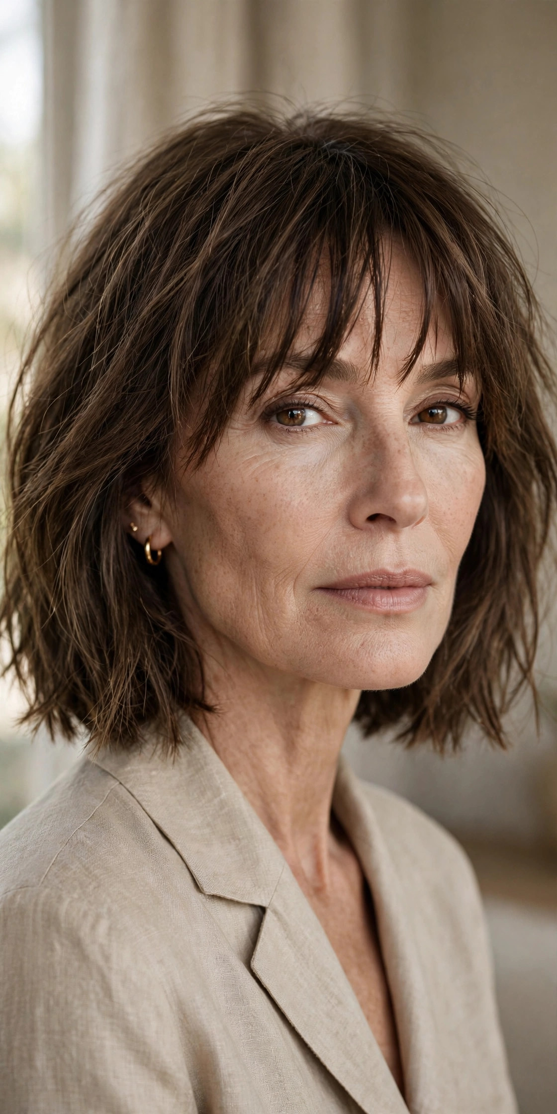 Textured lob with deliberately piecey separated bangs