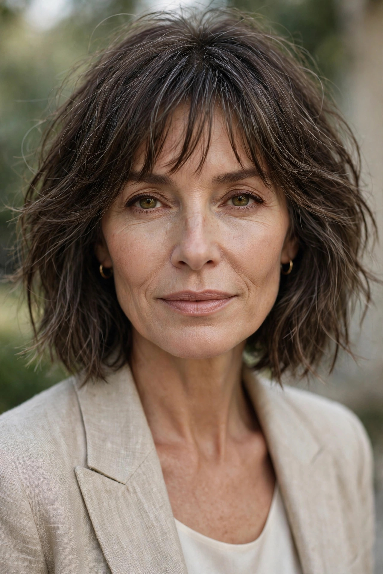 Tousled lob with short wispy baby curtain bangs