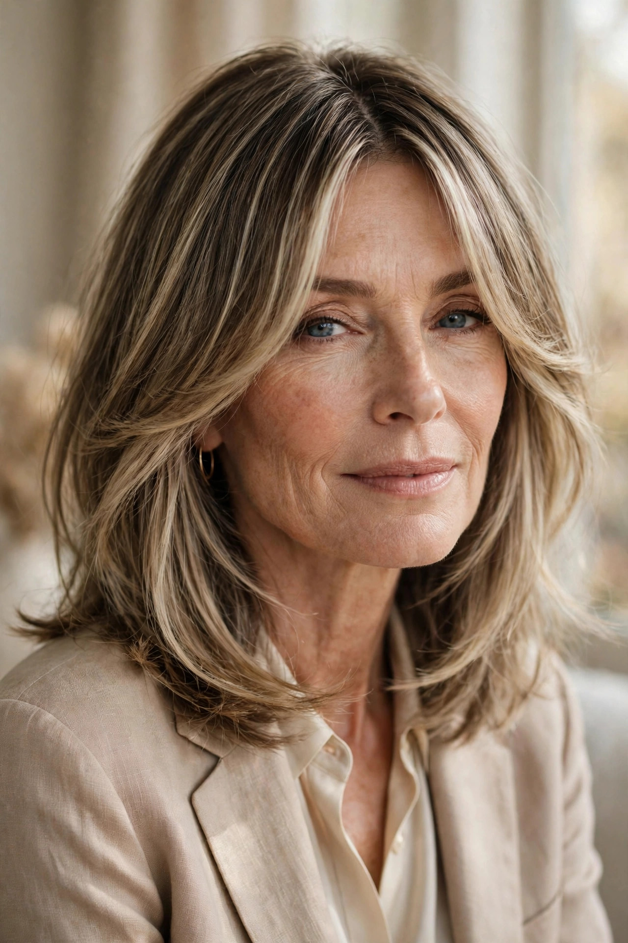 Layered lob with split bangs flowing into face-framing pieces