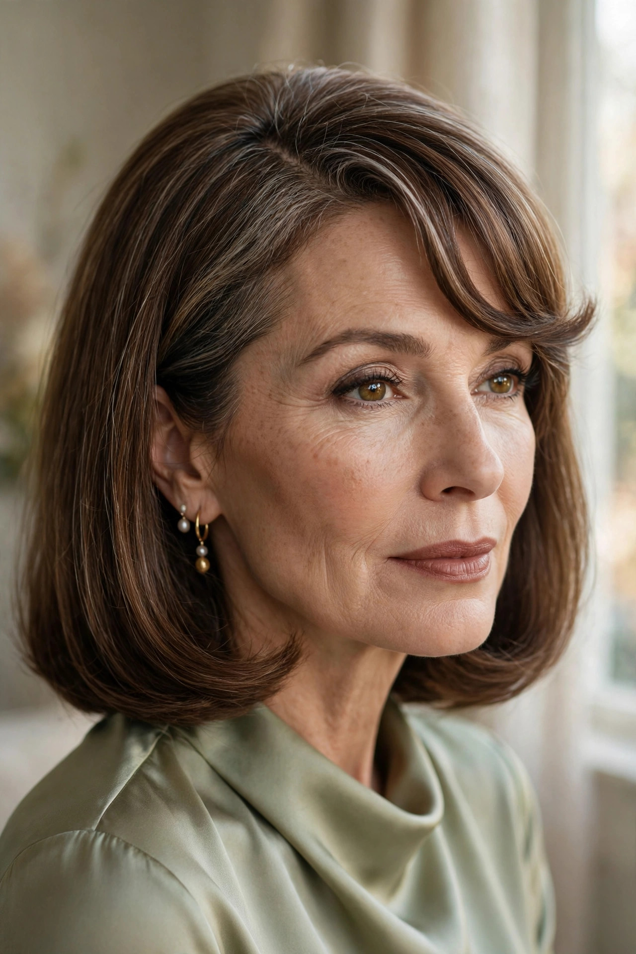 Gently angled lob with swoopy bangs from a deep side part