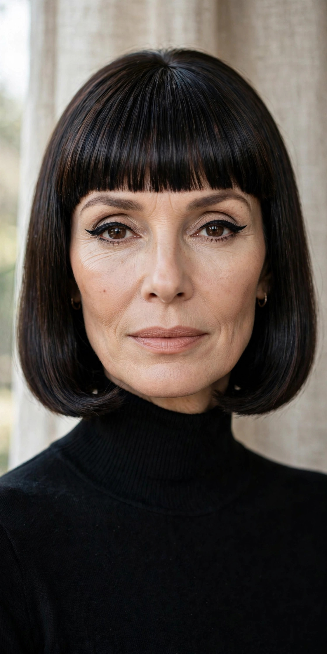 Straight blunt lob with 1960s-inspired mod bangs