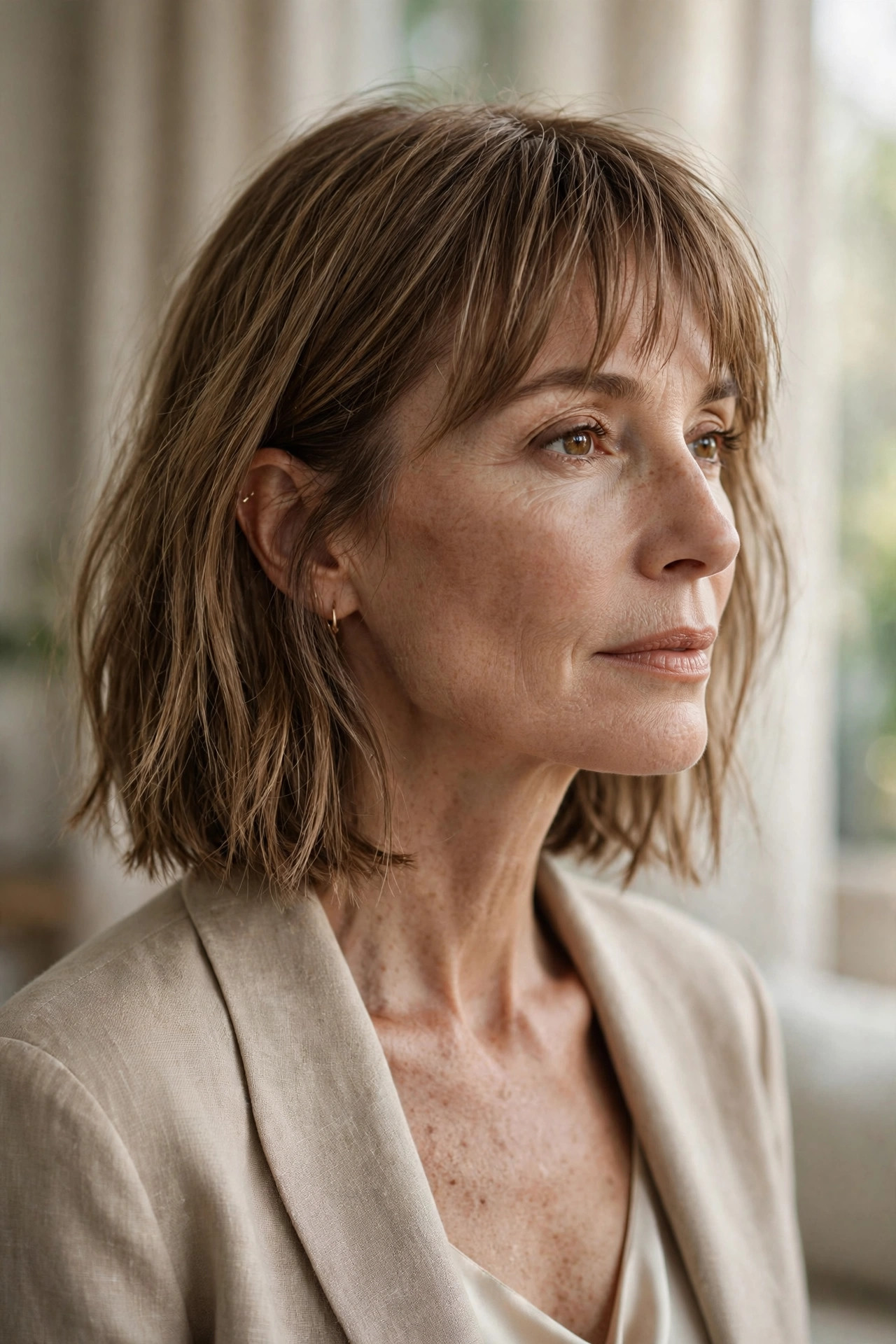 Lob with soft sparse choppy bangs and point-cut ends