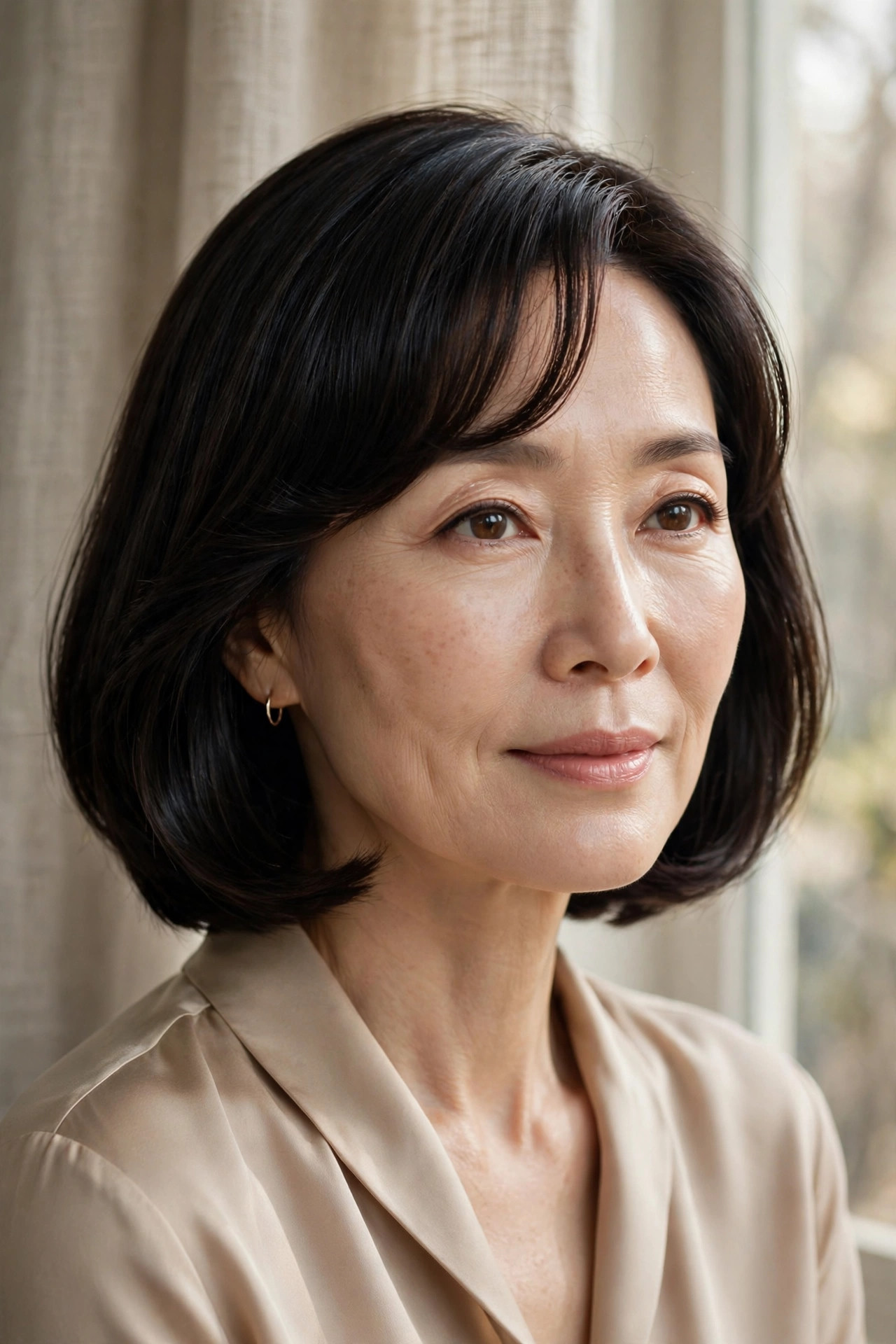 Collarbone lob with curved Korean-inspired bangs in soft arc